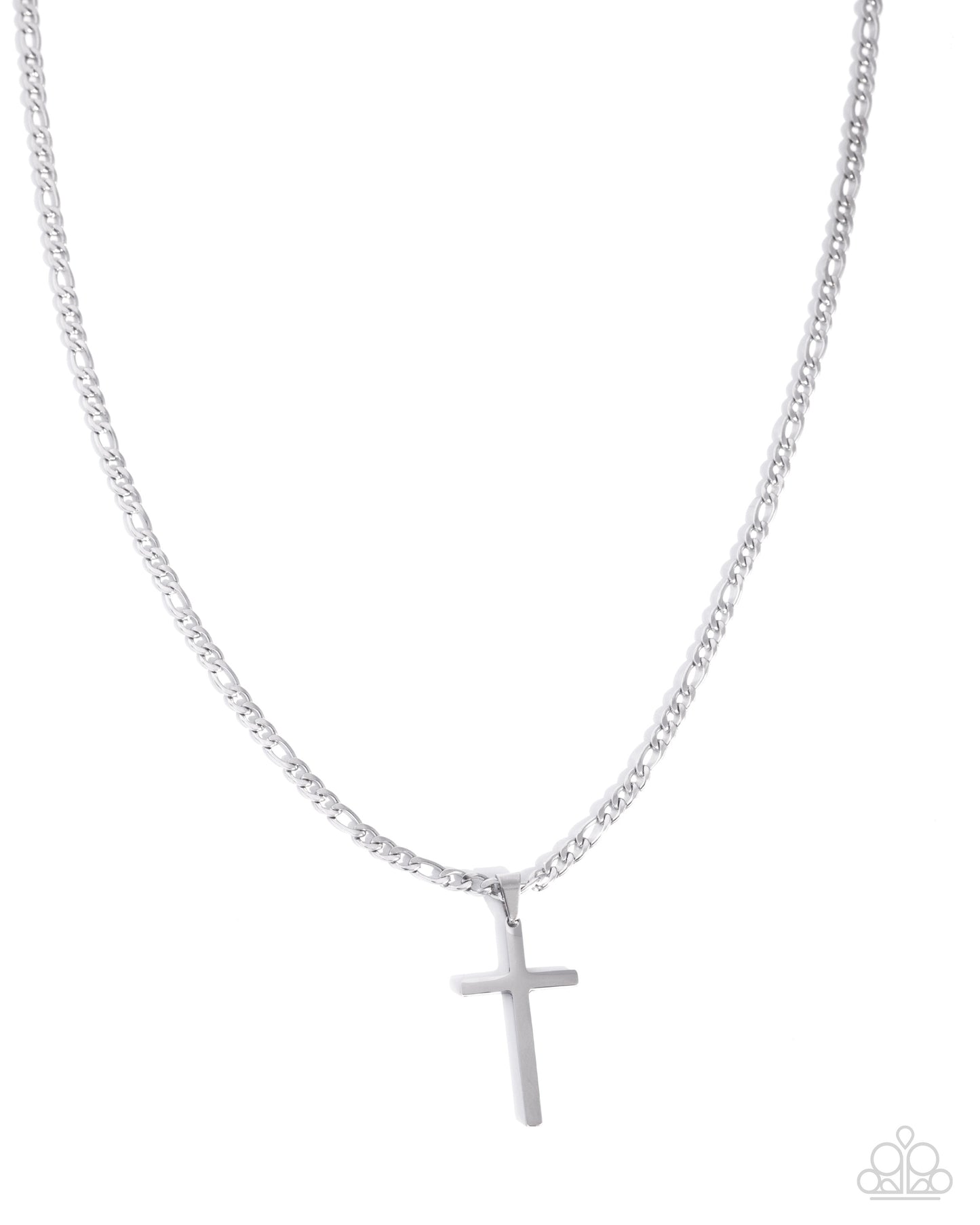 Silver cross necklace on a white background