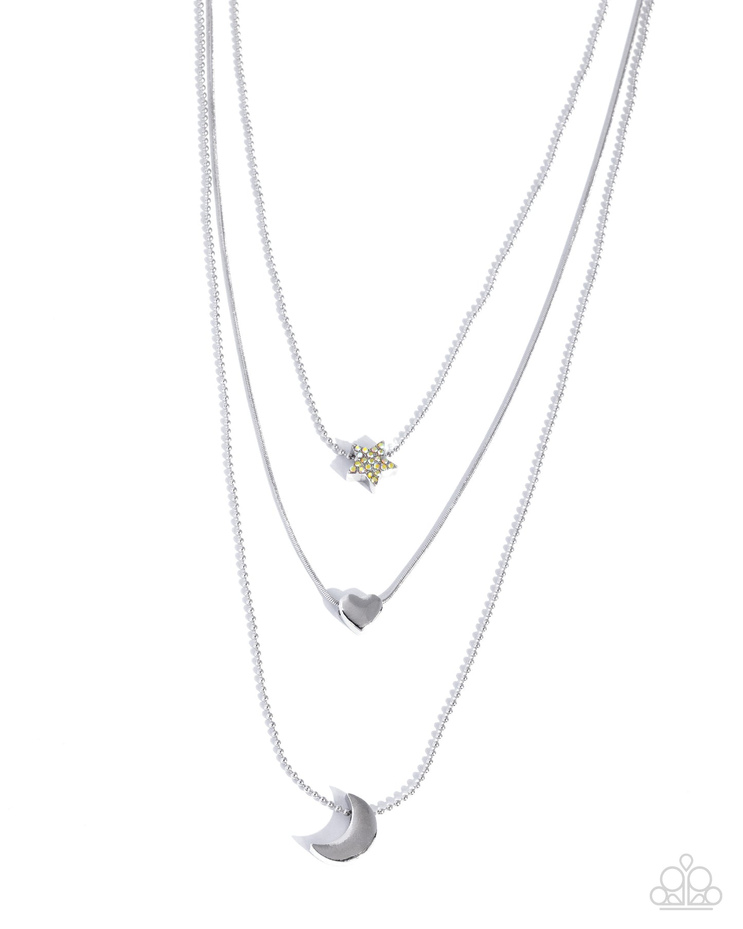 Layered necklaces with heart, star, and moon pendants on a white background