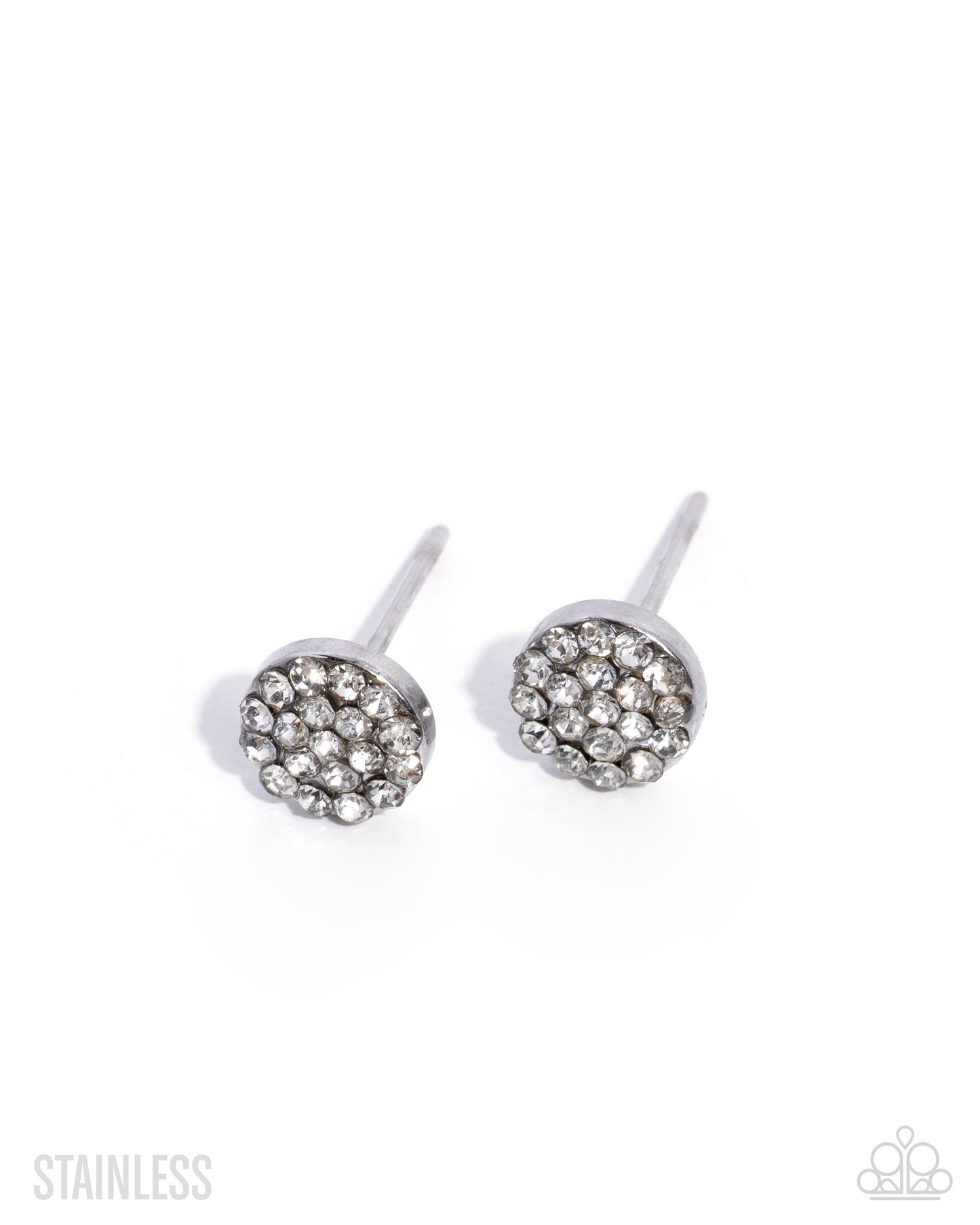 Pair of silver stud earrings with clear gemstones on a white background