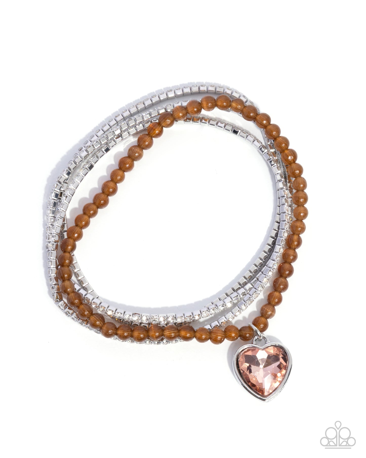 Stack of beaded bracelets with a heart charm on a white background