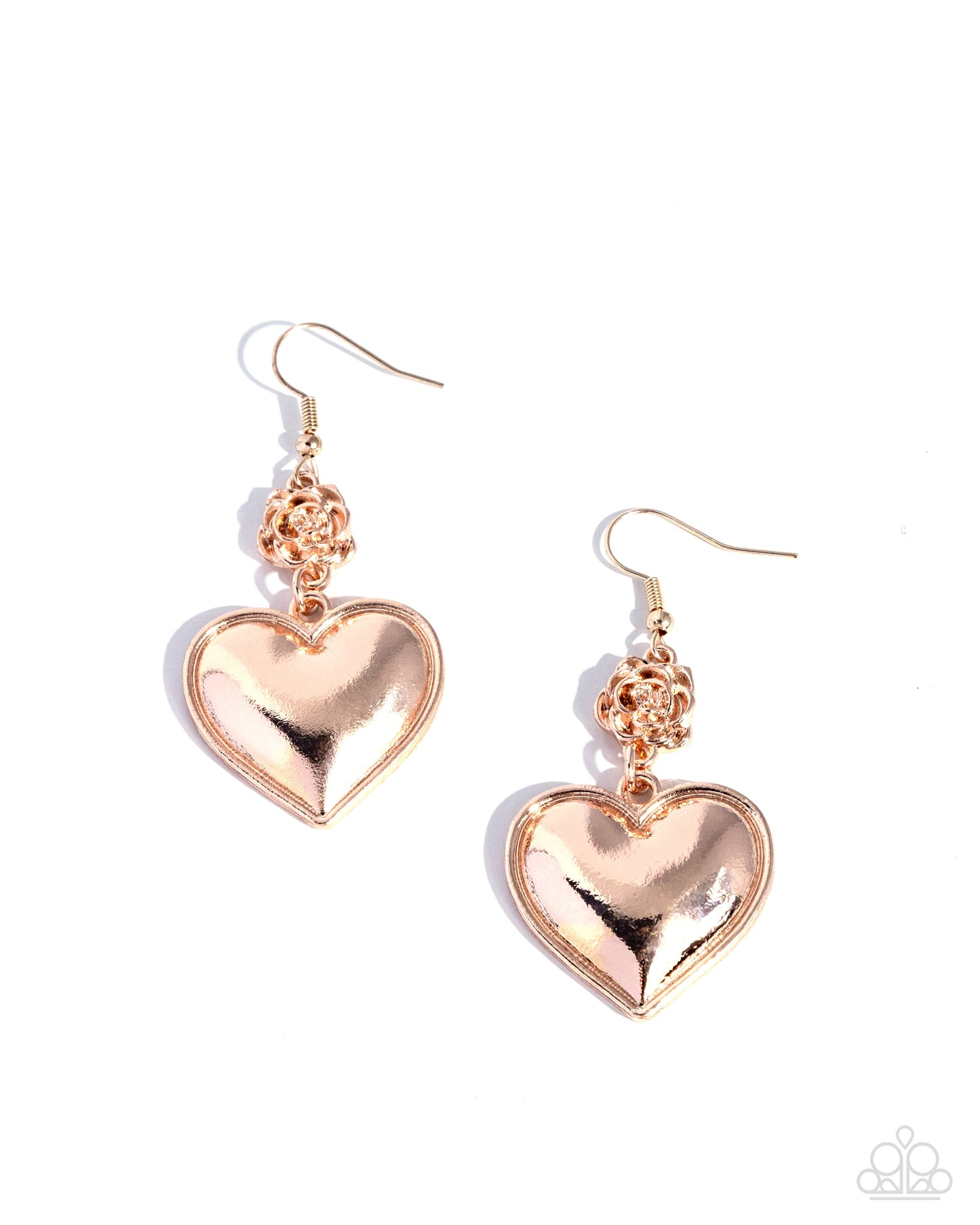 Rose gold heart-shaped earrings on a white background