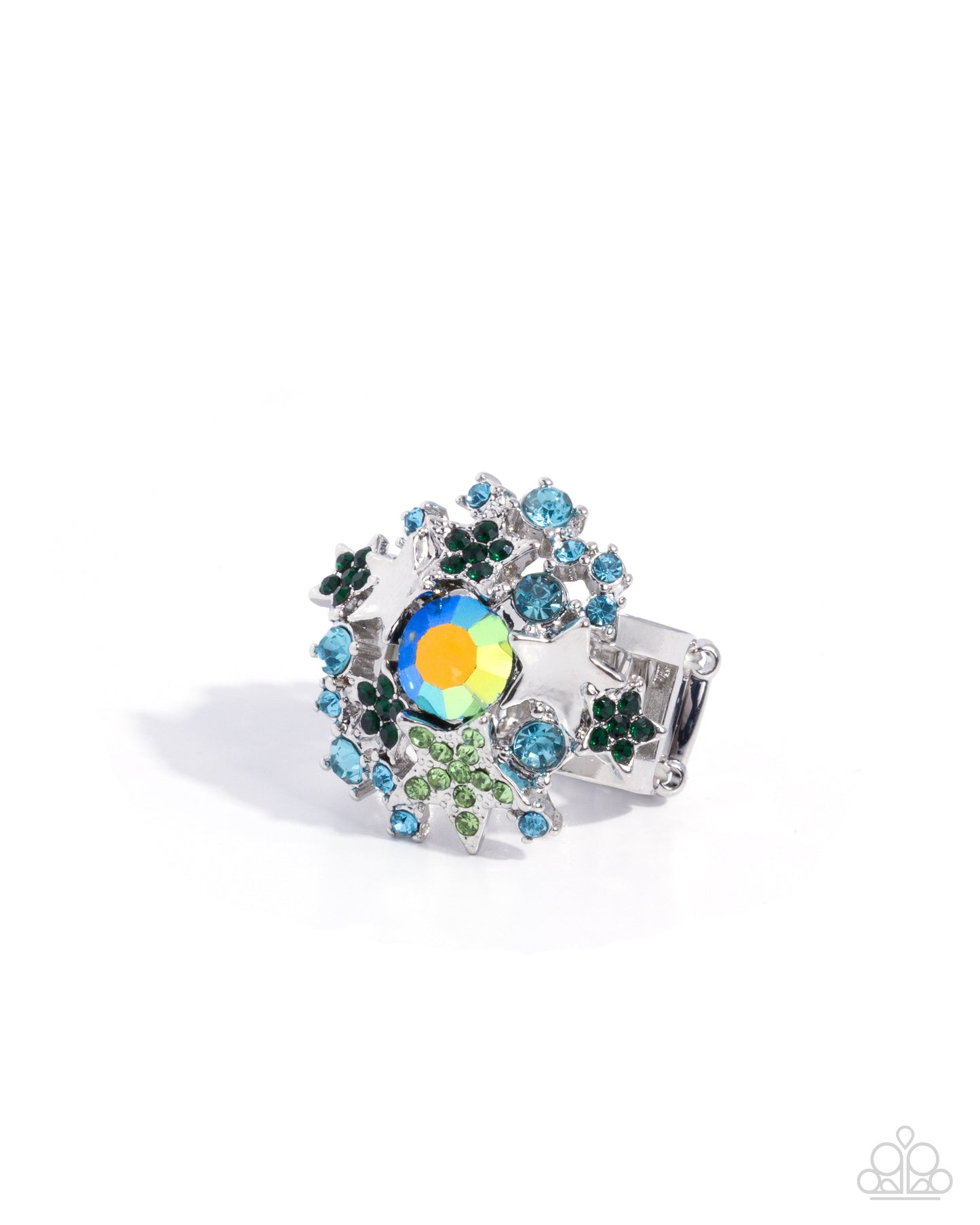 Decorative ring with colorful gemstones on a white background