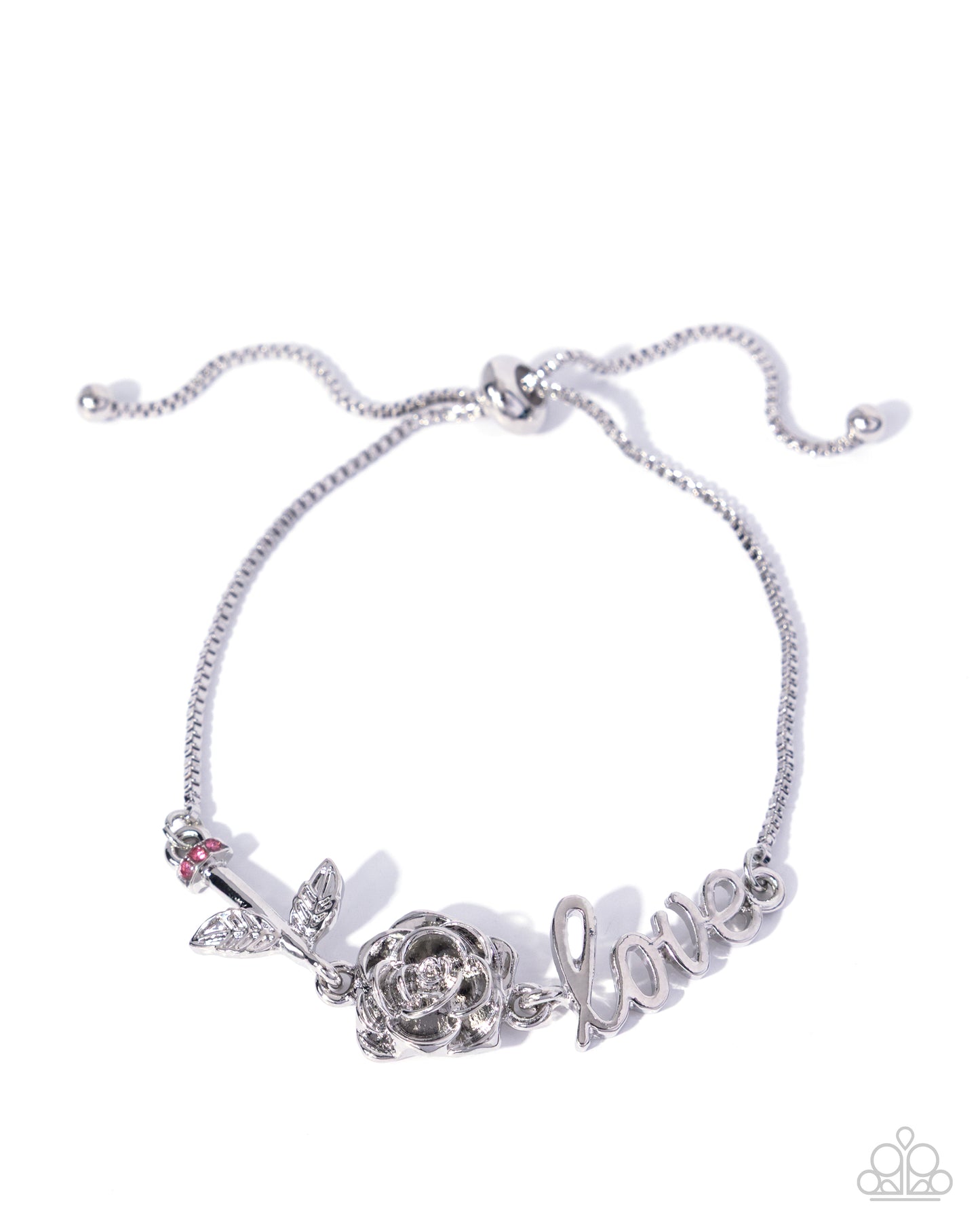 Silver bracelet with floral design and 'love' text on a white background