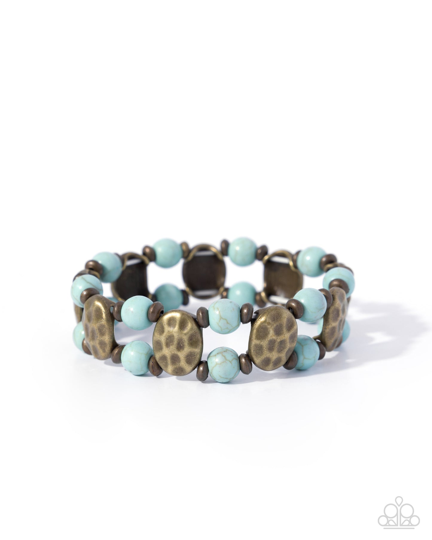 Turquoise and bronze beaded bracelet on a white background