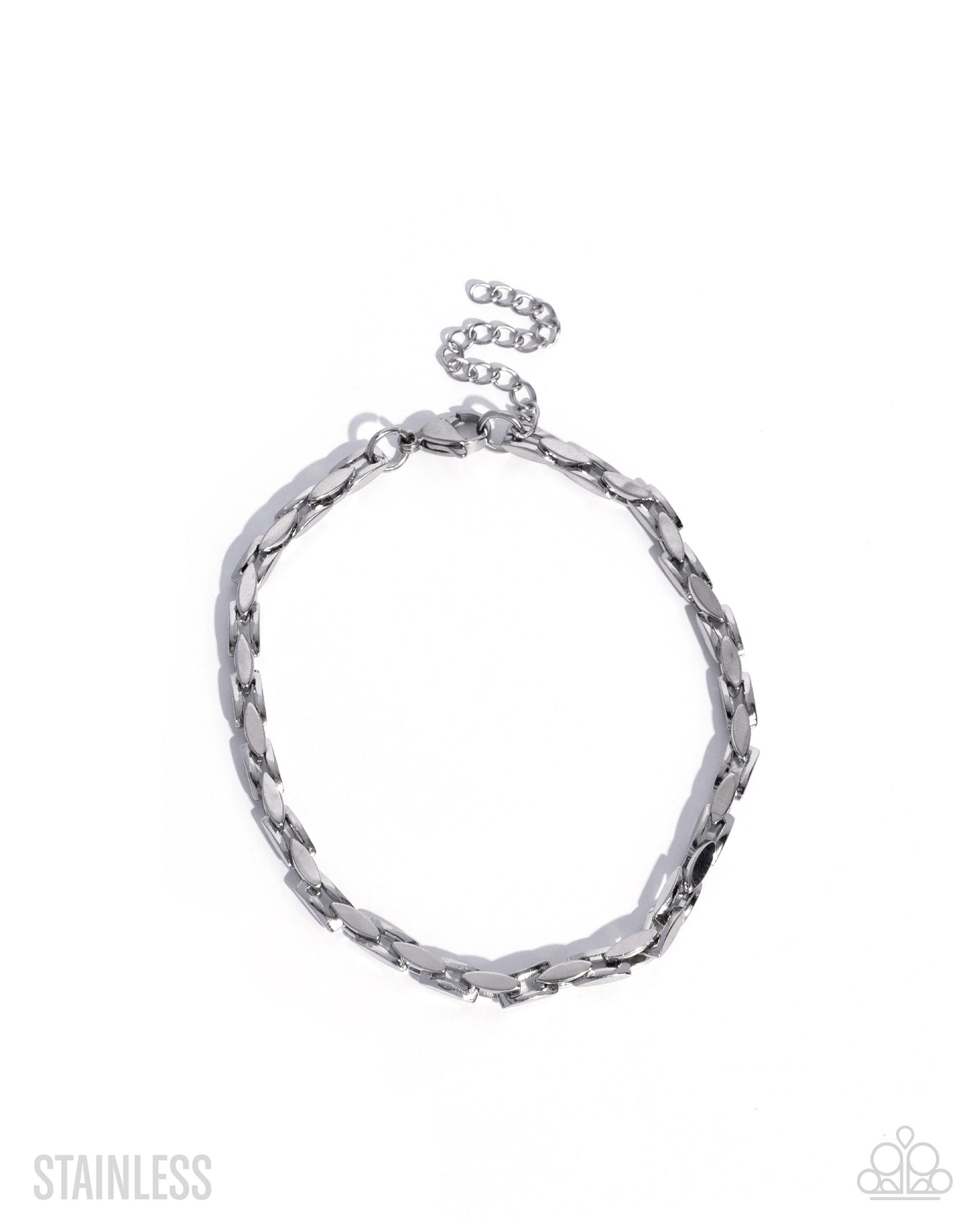 Silver bracelet on a white background with 'Stainless' text.