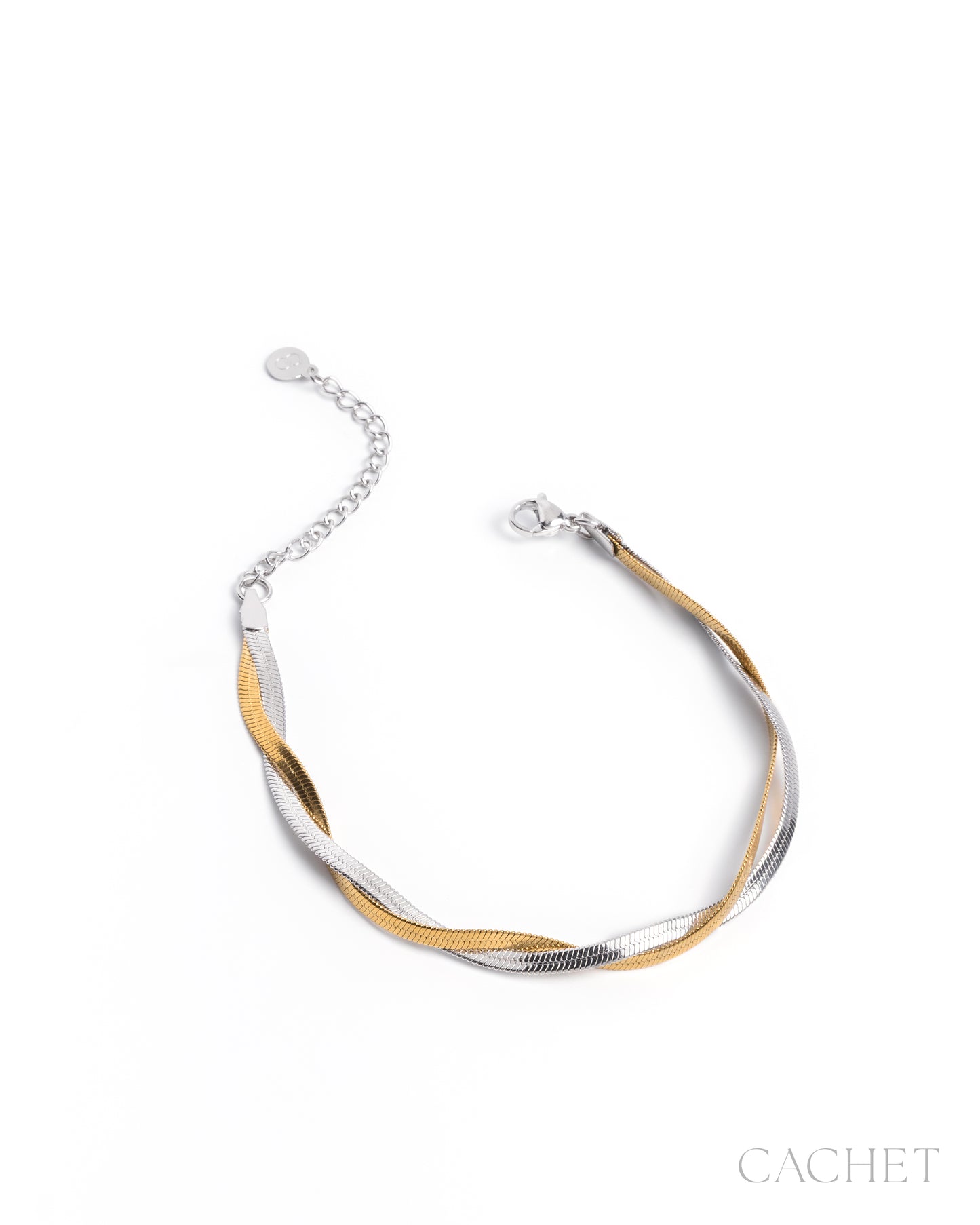 Two-tone gold and silver necklace on a white background with 'Cachet' branding.