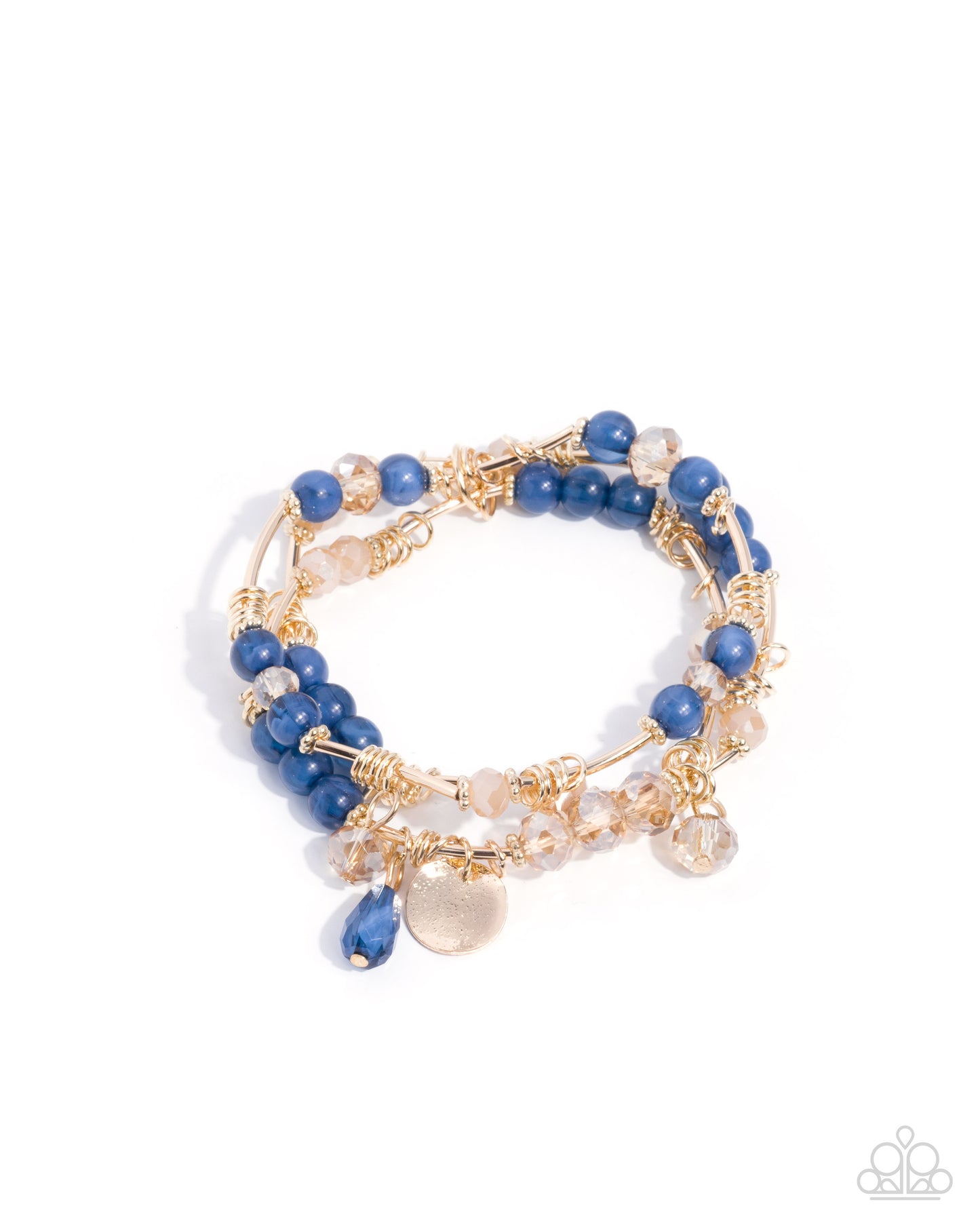 A multi-strand beaded stretch bracelet featuring deep blue beads, clear faceted beads, and gold-toned metal wire wrapping with dangling charms, shown on a plain white background.
