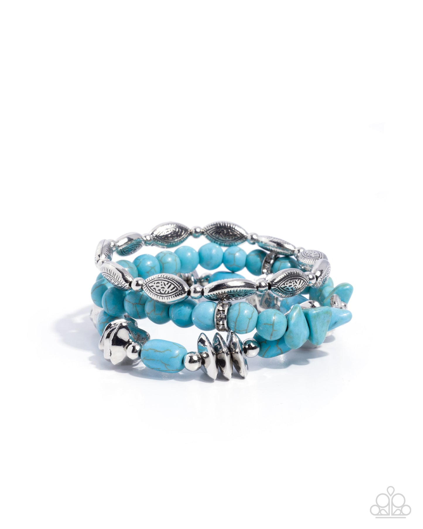 Three stacked beaded stretch bracelets featuring turquoise blue beads and silver-toned metal accents, including textured oval links and small spacer beads, displayed on a clean white background.
