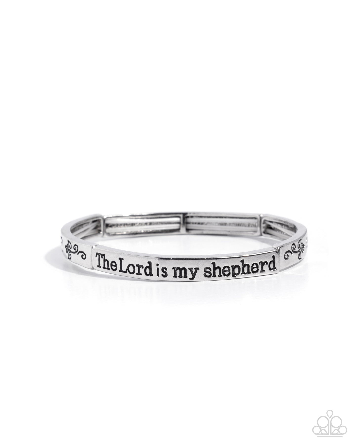 Silver bracelet with 'The Lord is my shepherd' engraving on a white background
