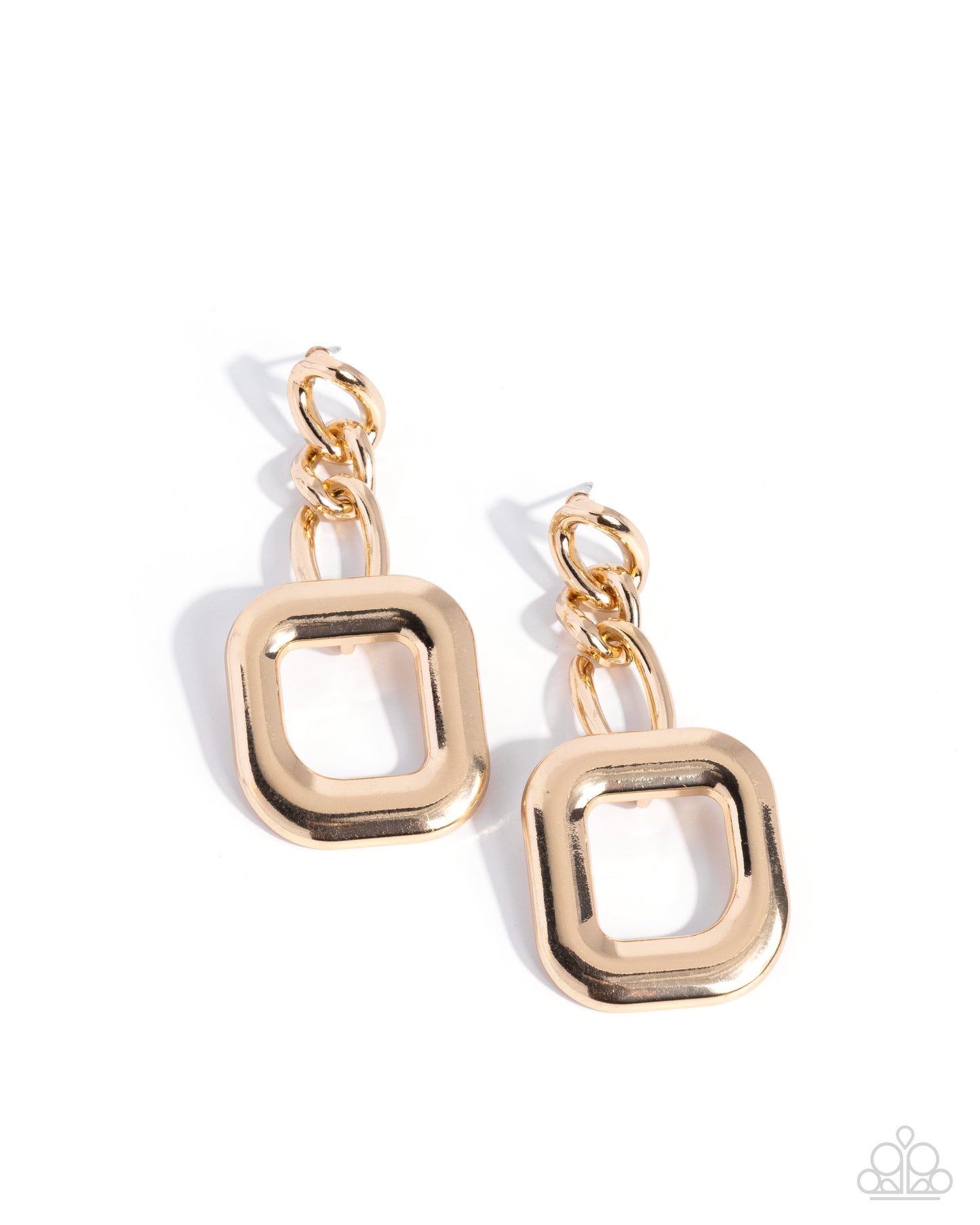 A pair of gold-toned dangle earrings with a thick square open-frame pendant and a short chain link connection, shown on a clean white background.