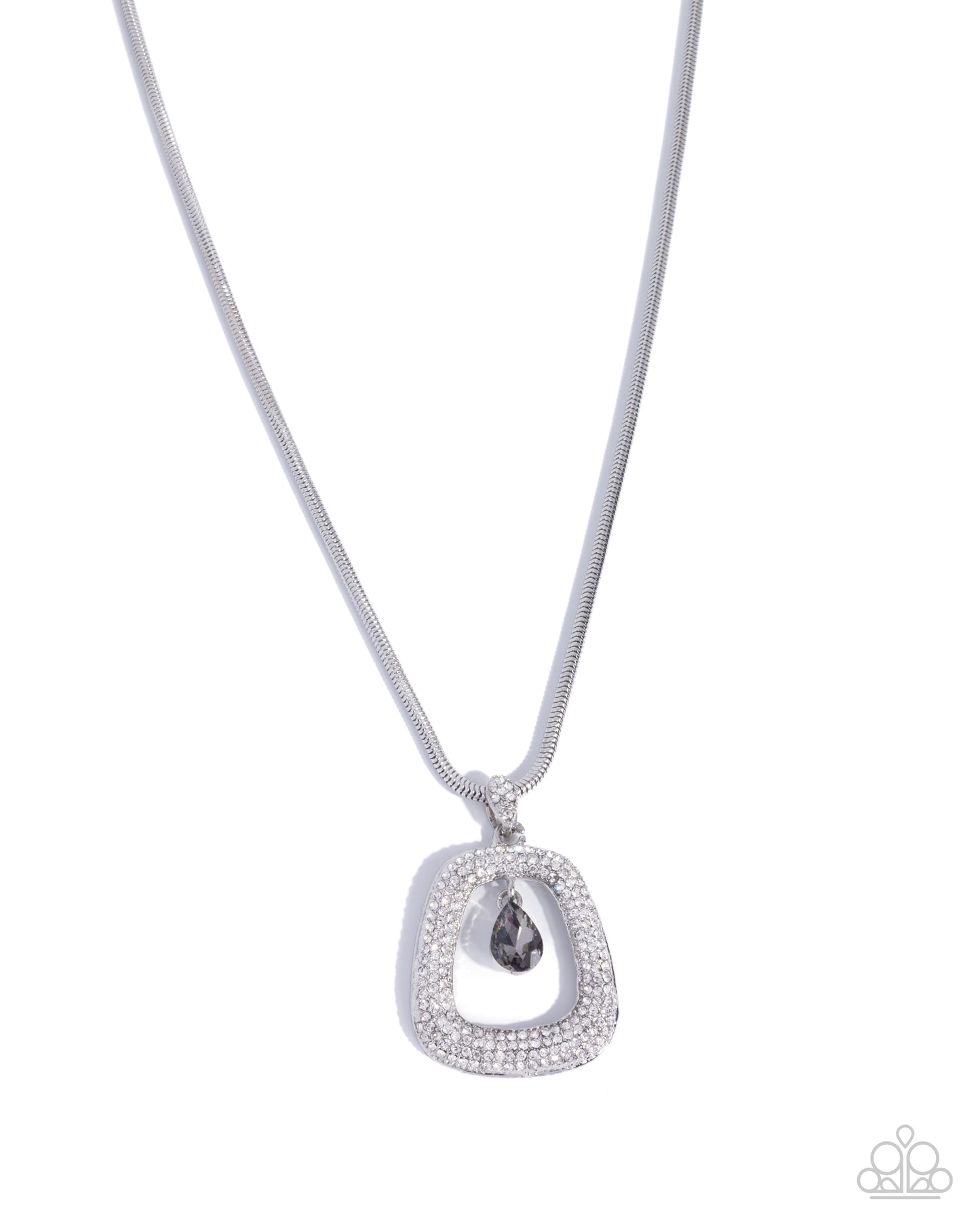 Silver necklace with a heart-shaped pendant on a white background