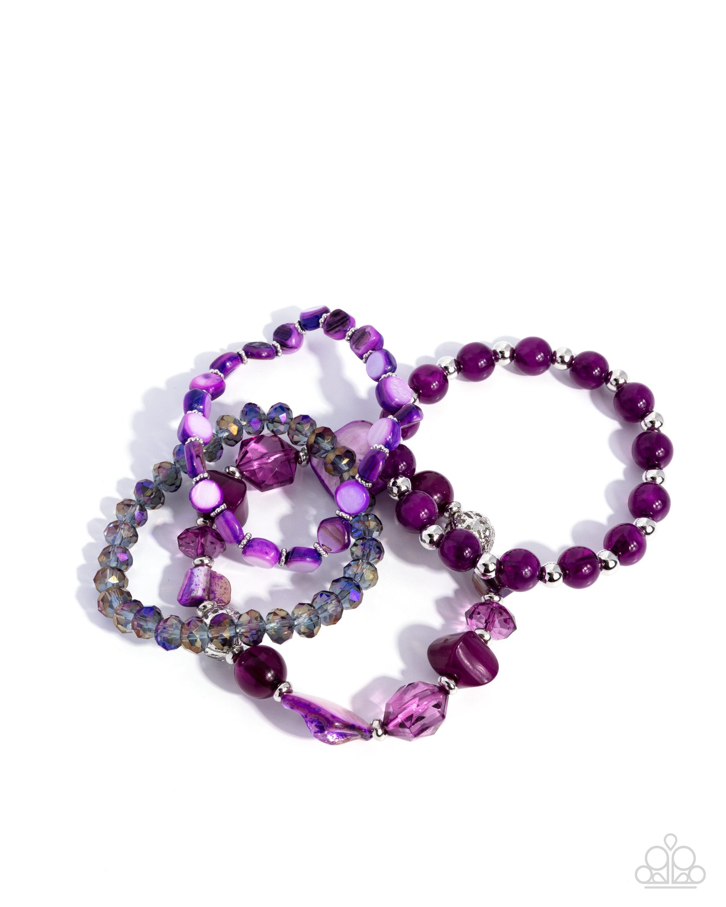 Purple beaded bracelets on a white background