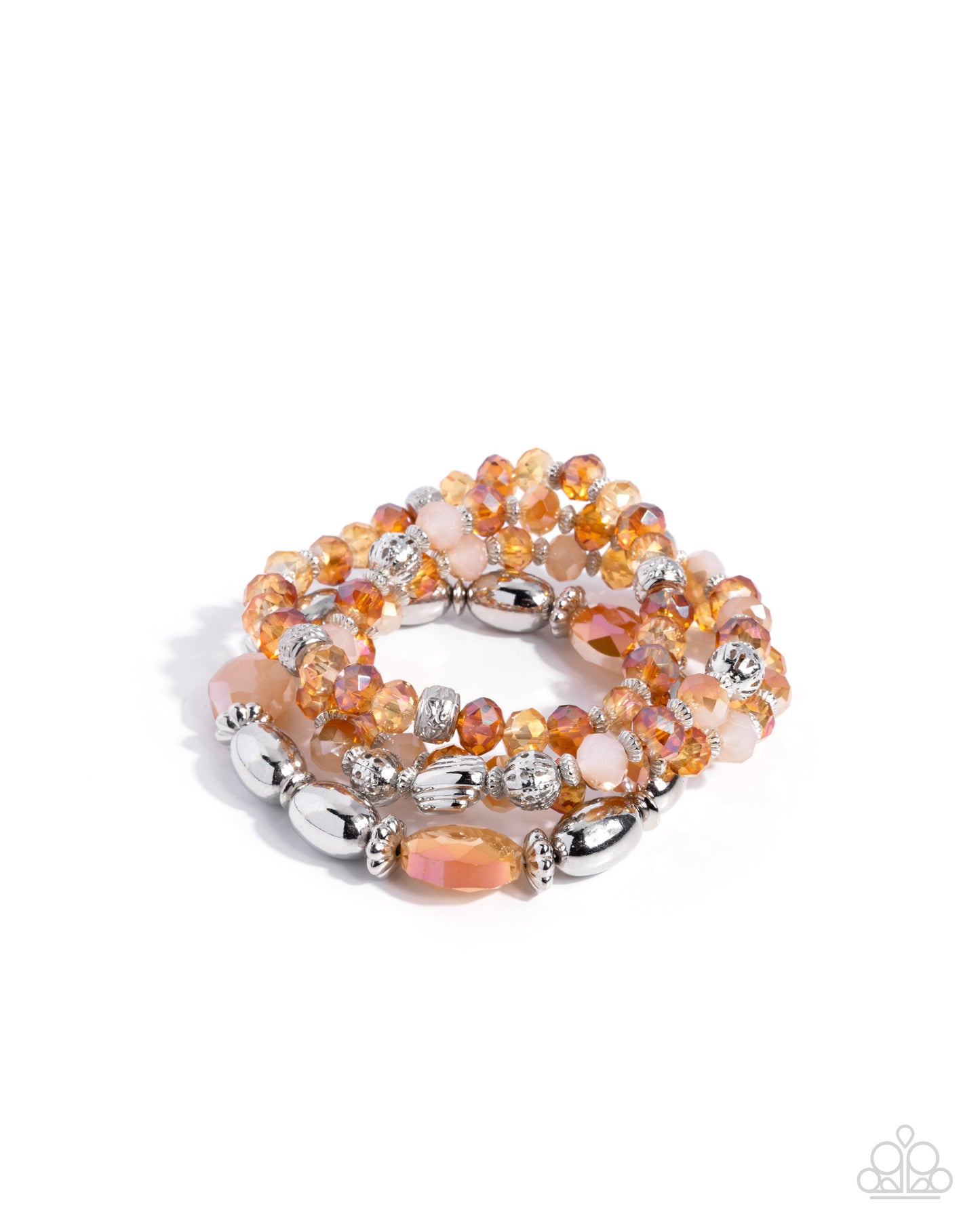 A stack of three beaded stretch bracelets featuring peach, orange, and pink faceted beads with silver-toned metallic accents, displayed on a clean white background.