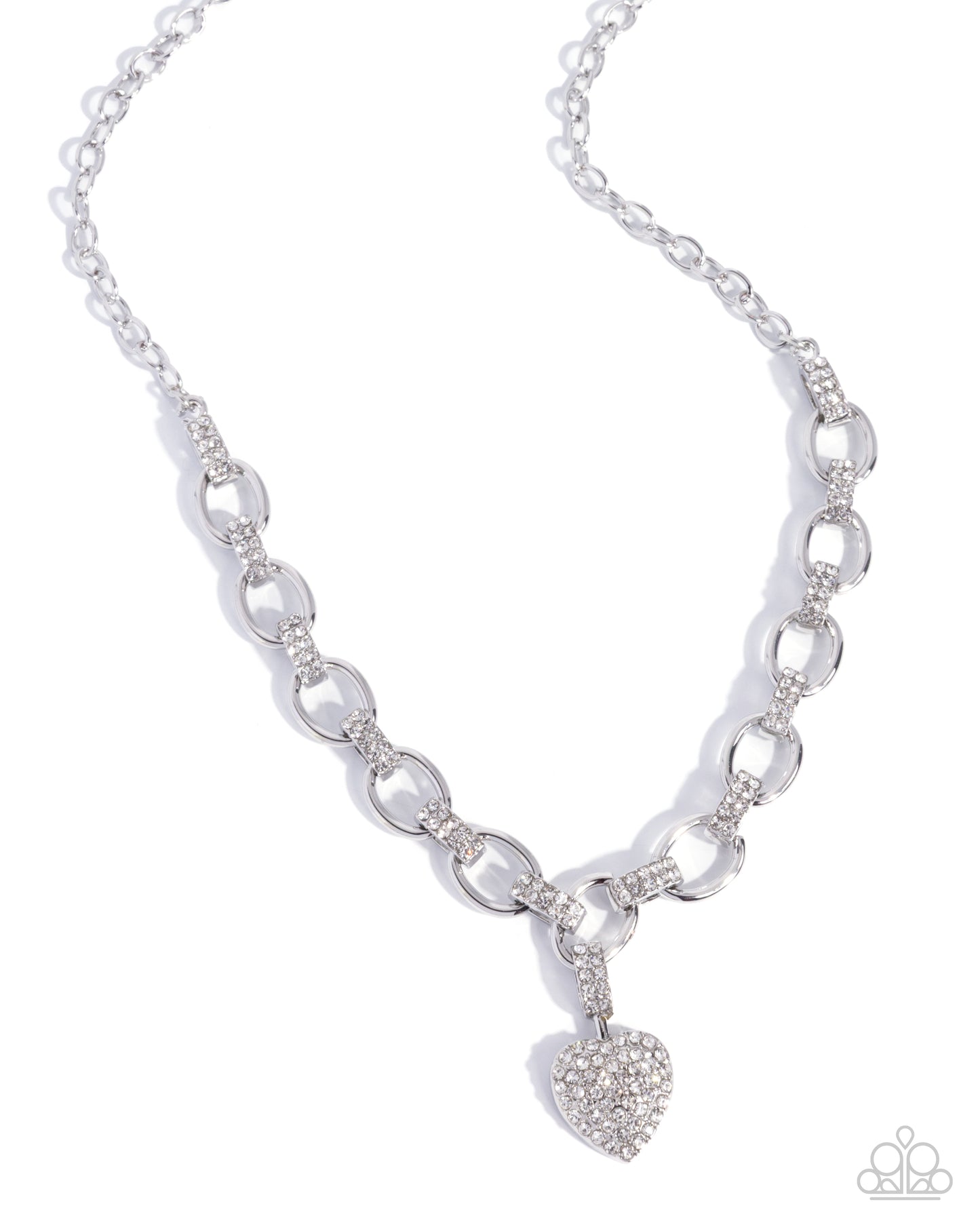 Silver chain necklace with a heart-shaped pendant on a white background