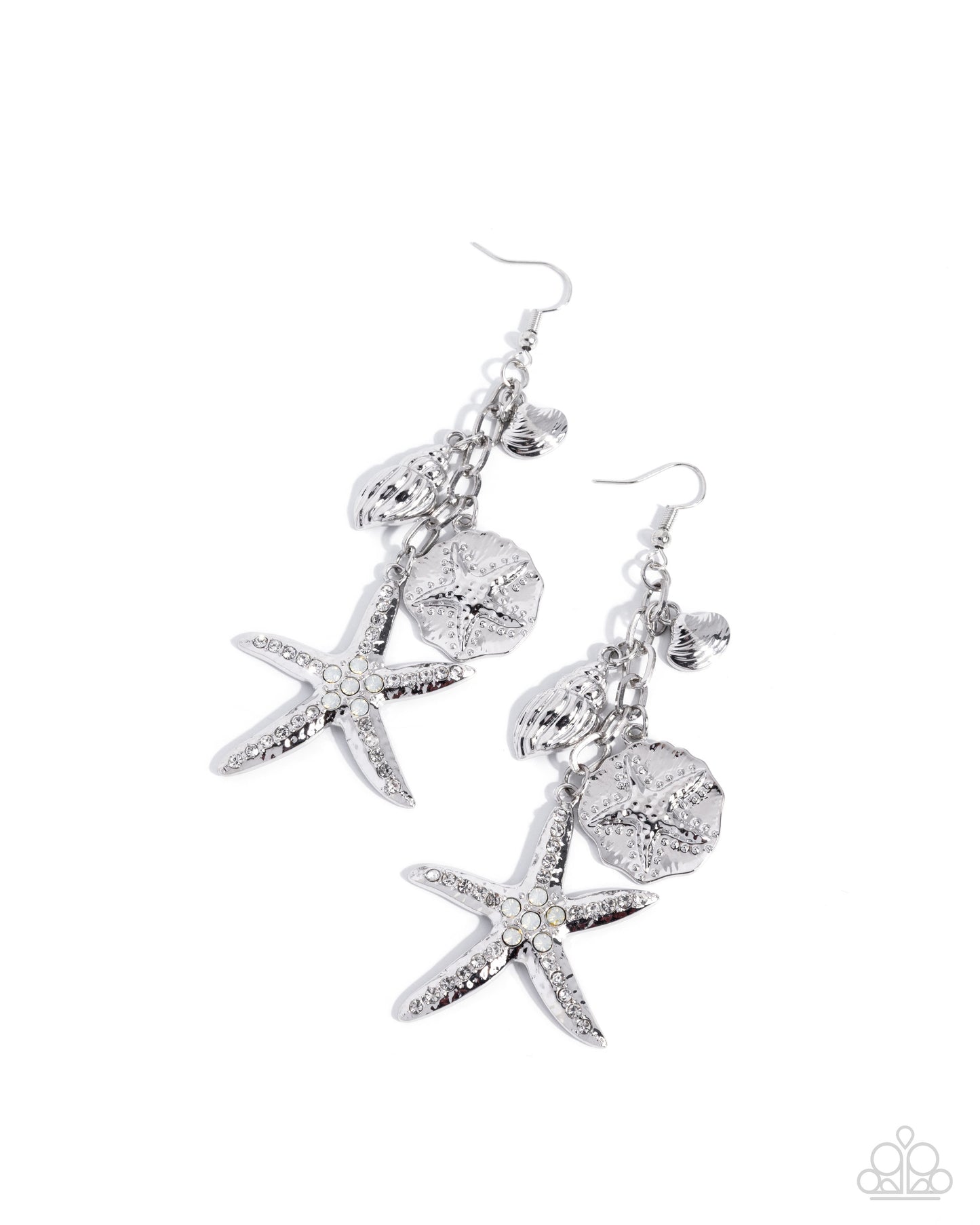 Silver starfish and shell earrings on a white background