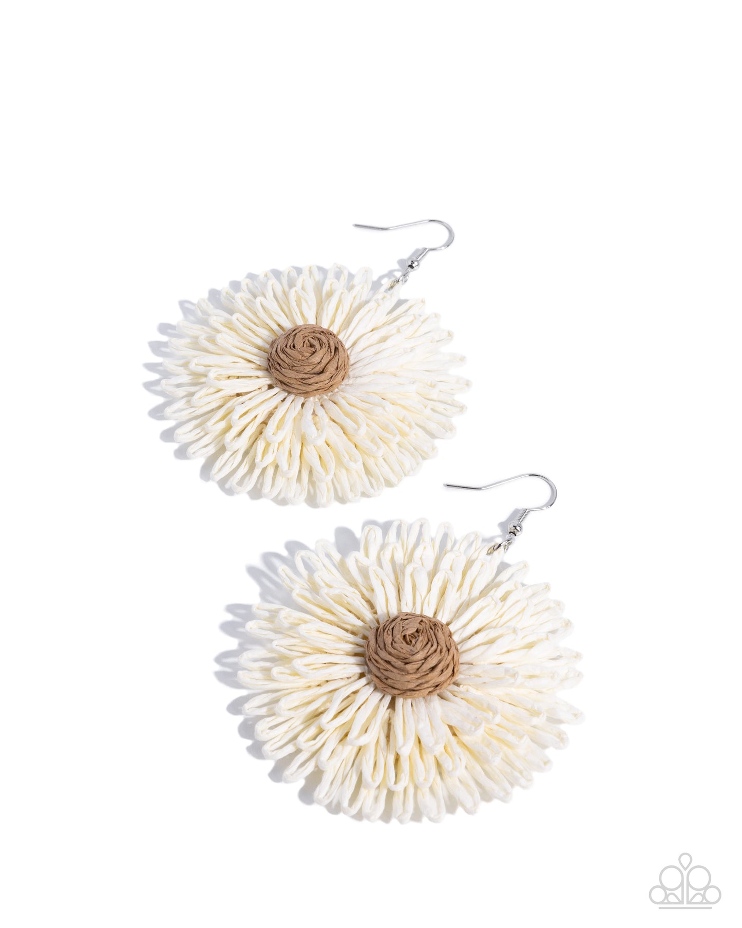 Pair of beige floral earrings on a white background