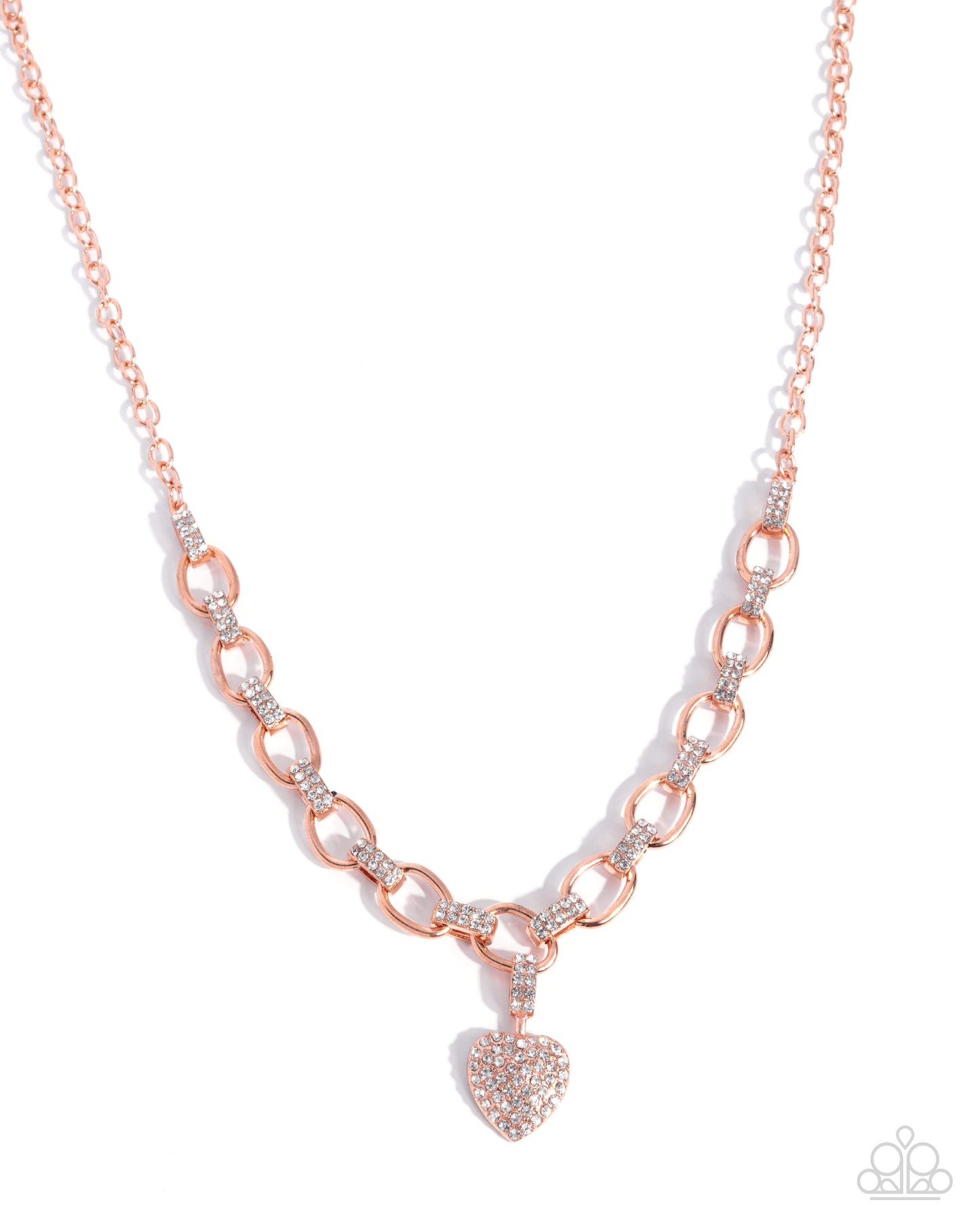 Rose gold chain necklace with a heart pendant on a white background