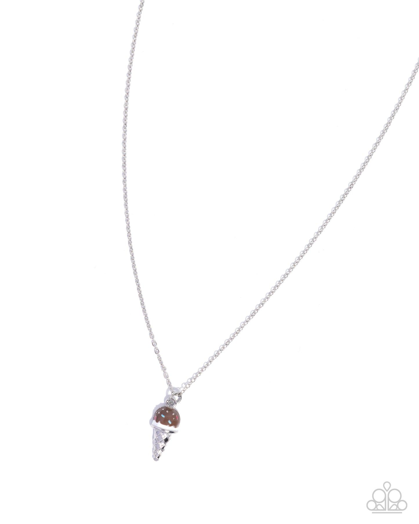 Necklace with a brown bead and silver pendant on a white background
