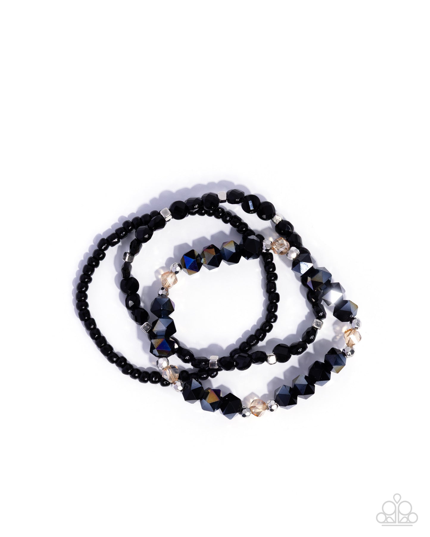 Black beaded necklace with gold accents on a white background