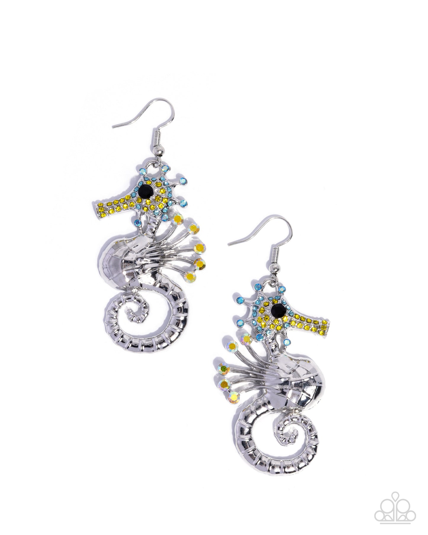 Pair of seahorse-shaped earrings with colorful accents on a white background