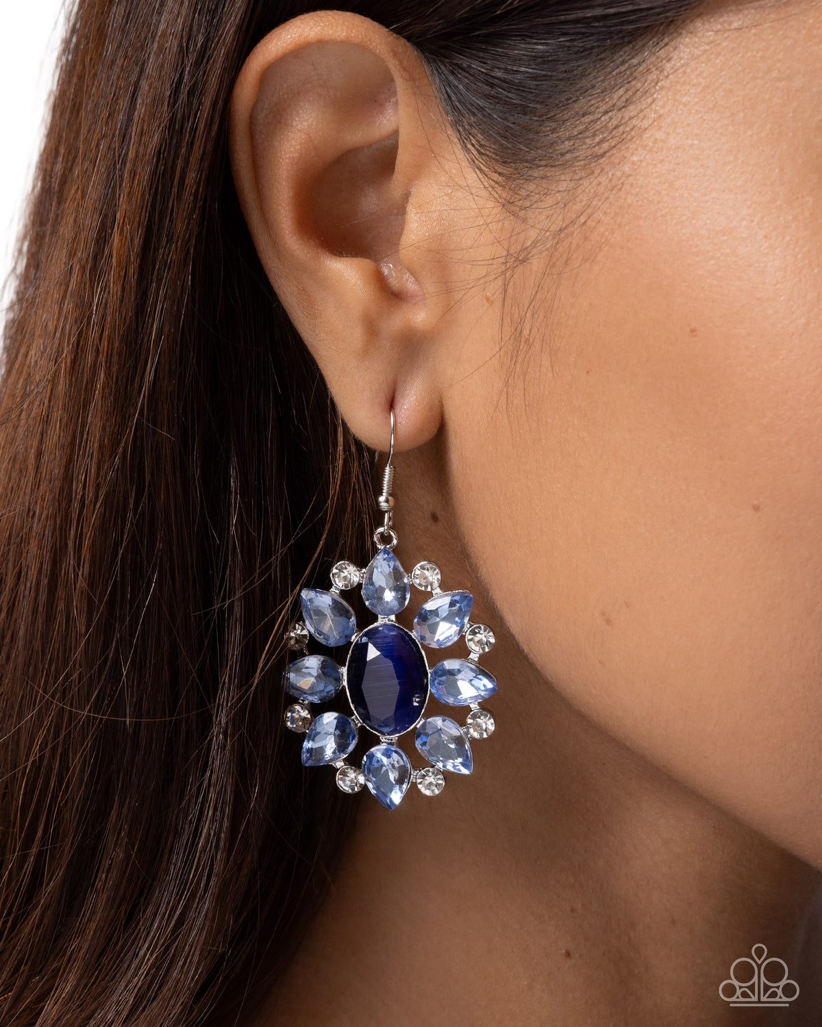 Detail view of Impressive Array blue floral rhinestone earrings