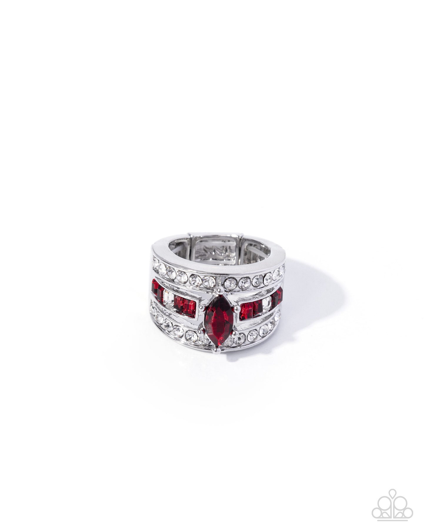 Silver ring with red gemstones on a white background