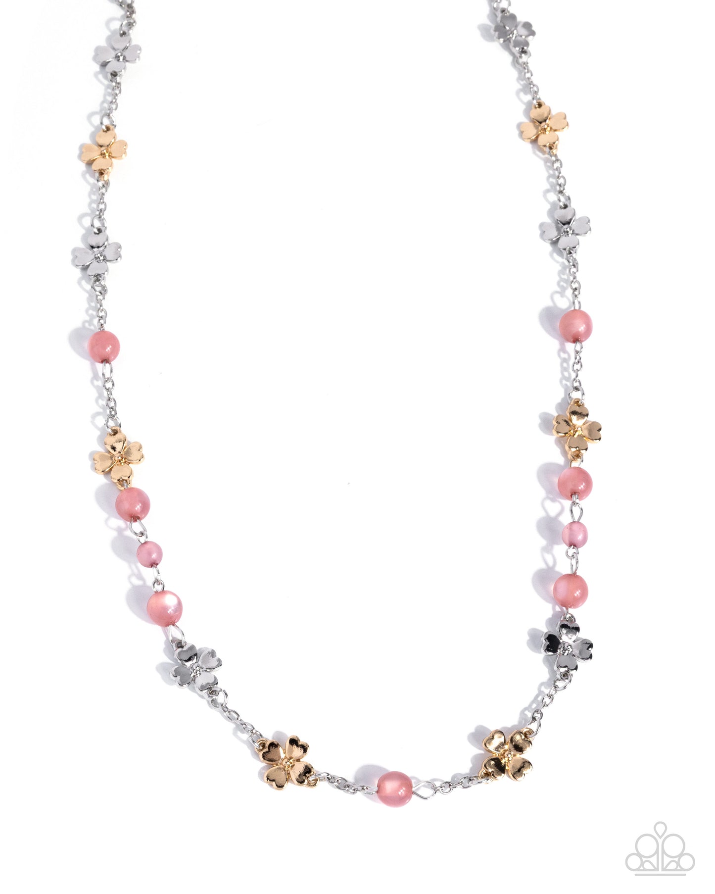 Necklace with pink, white, and gold beads on a white background