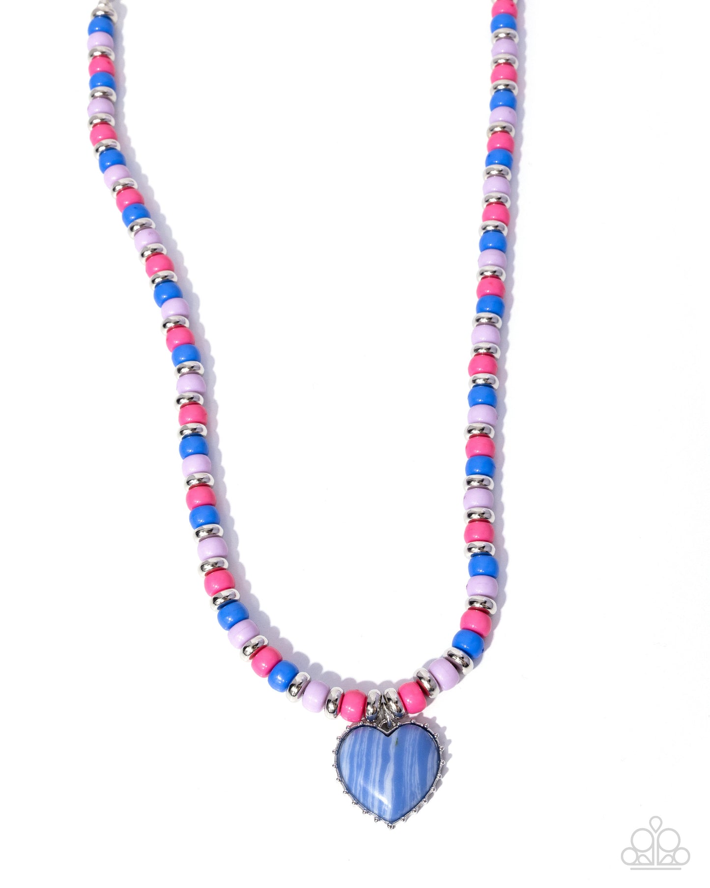 Necklace with blue heart pendant and multicolored beads on a white background