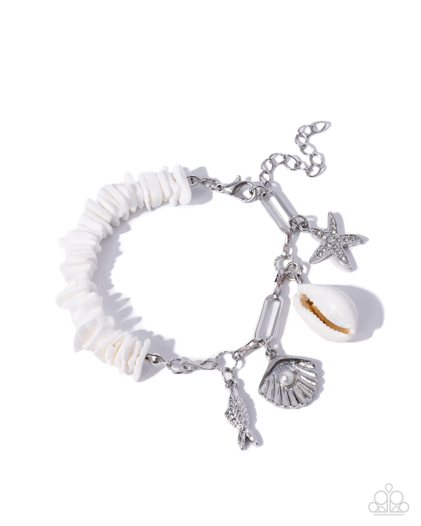 Bracelet with starfish, shell, and fish charms on a white background