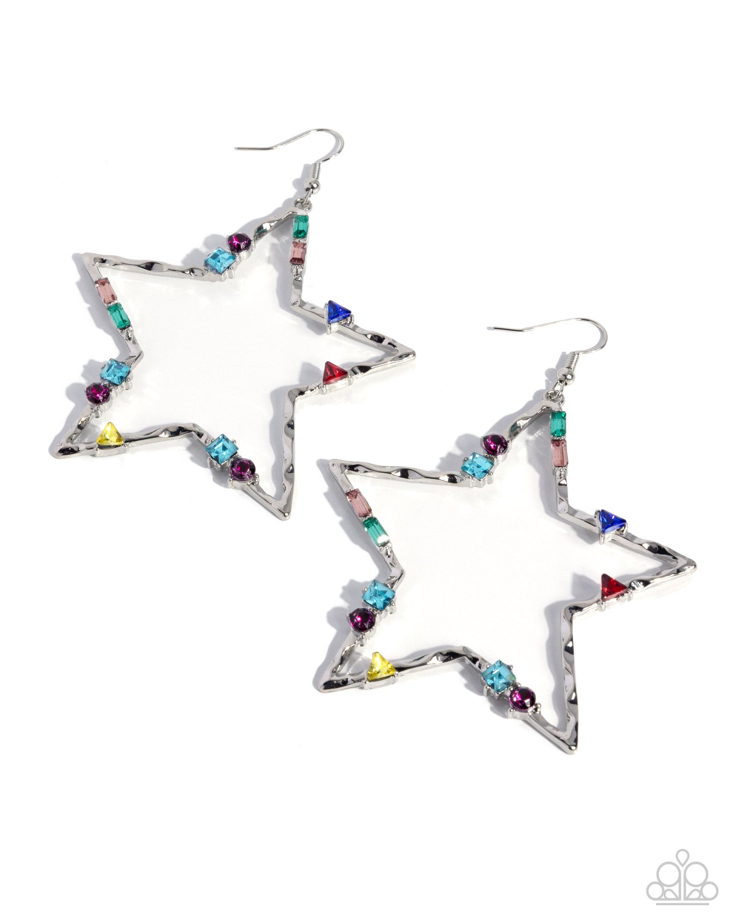 Star-shaped earrings with colorful gemstones on a white background