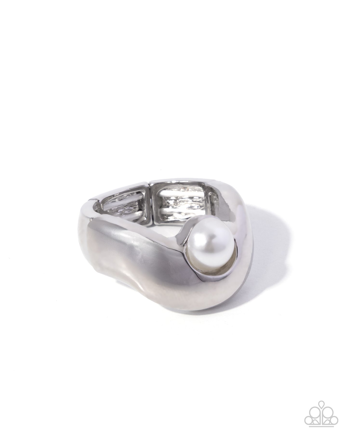 Silver ring with a pearl on a white background