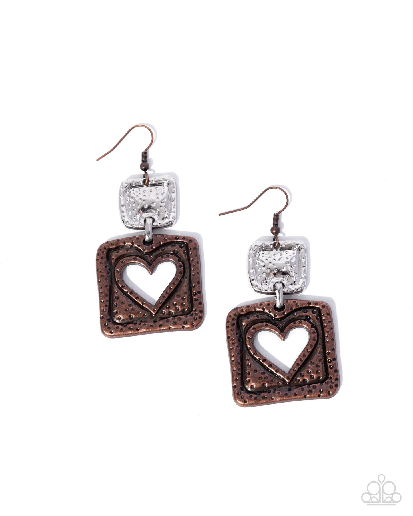 Pair of earrings with heart designs on a white background