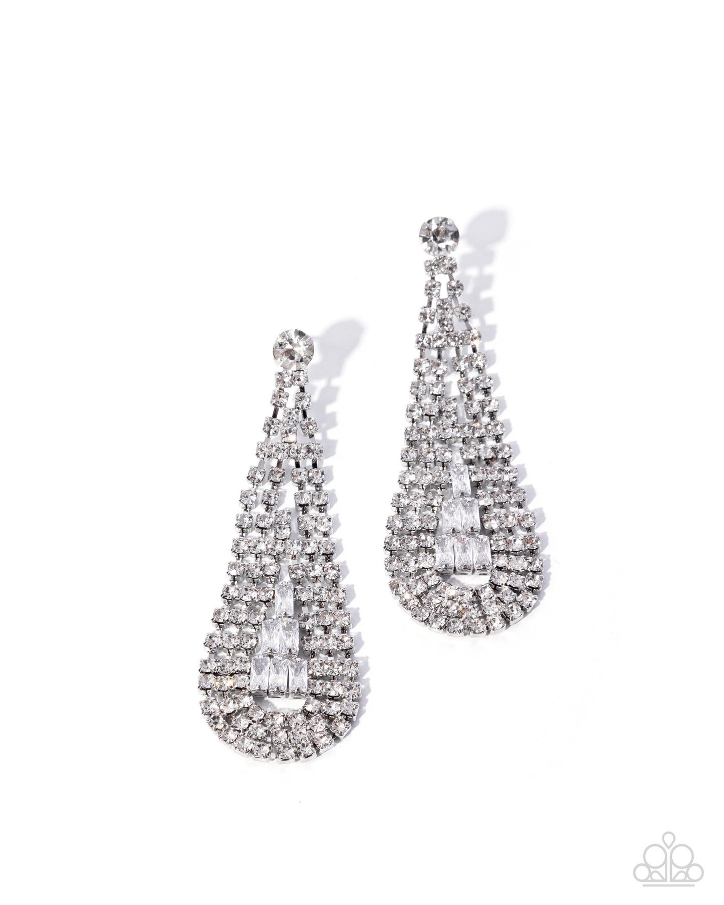 A pair of teardrop-shaped dangle earrings encrusted with clear crystals in a silver-toned setting, displayed on a clean white background.