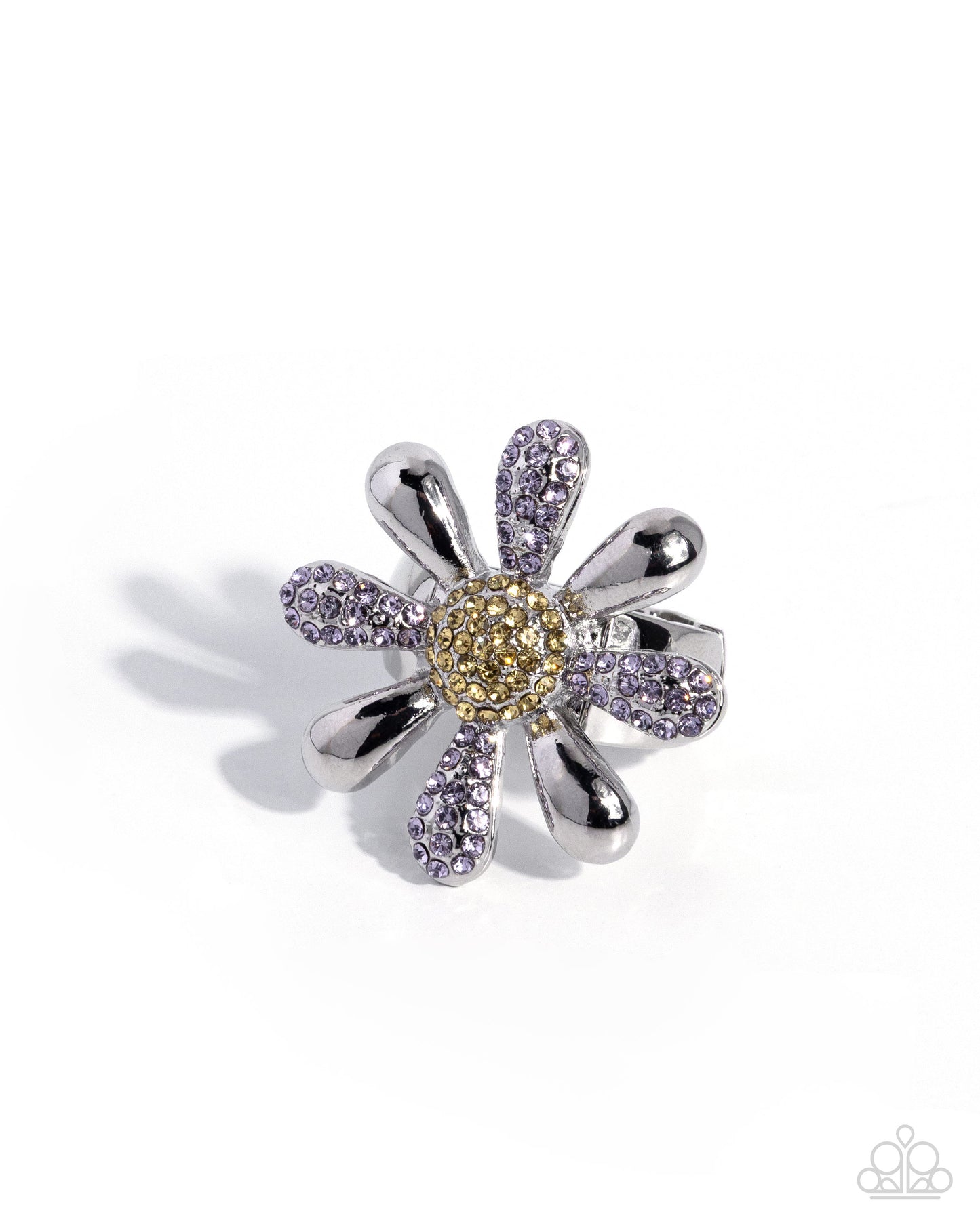 Silver and purple flower-shaped earring on a white background