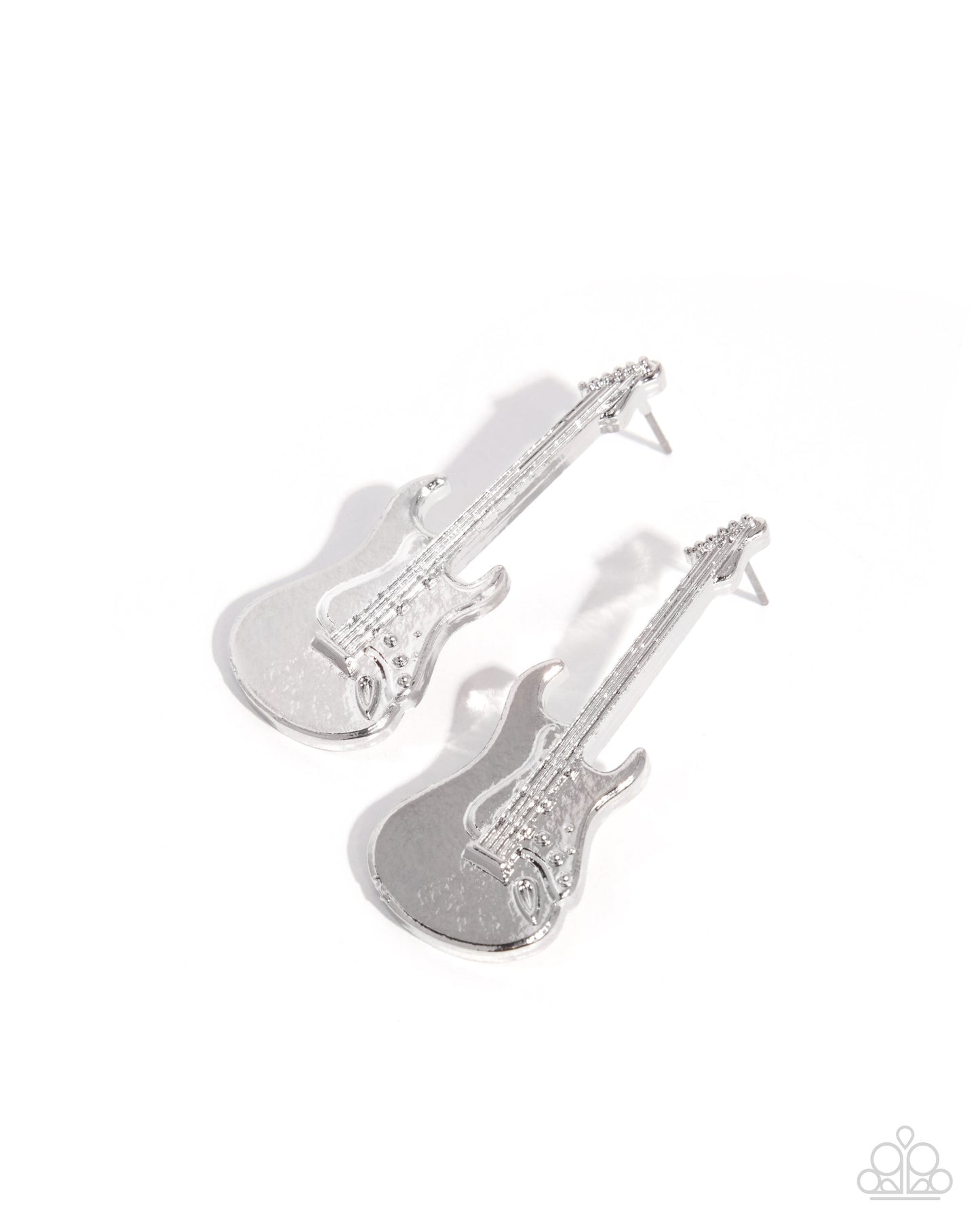A pair of silver-toned guitar-shaped stud earrings on a clean white background.
