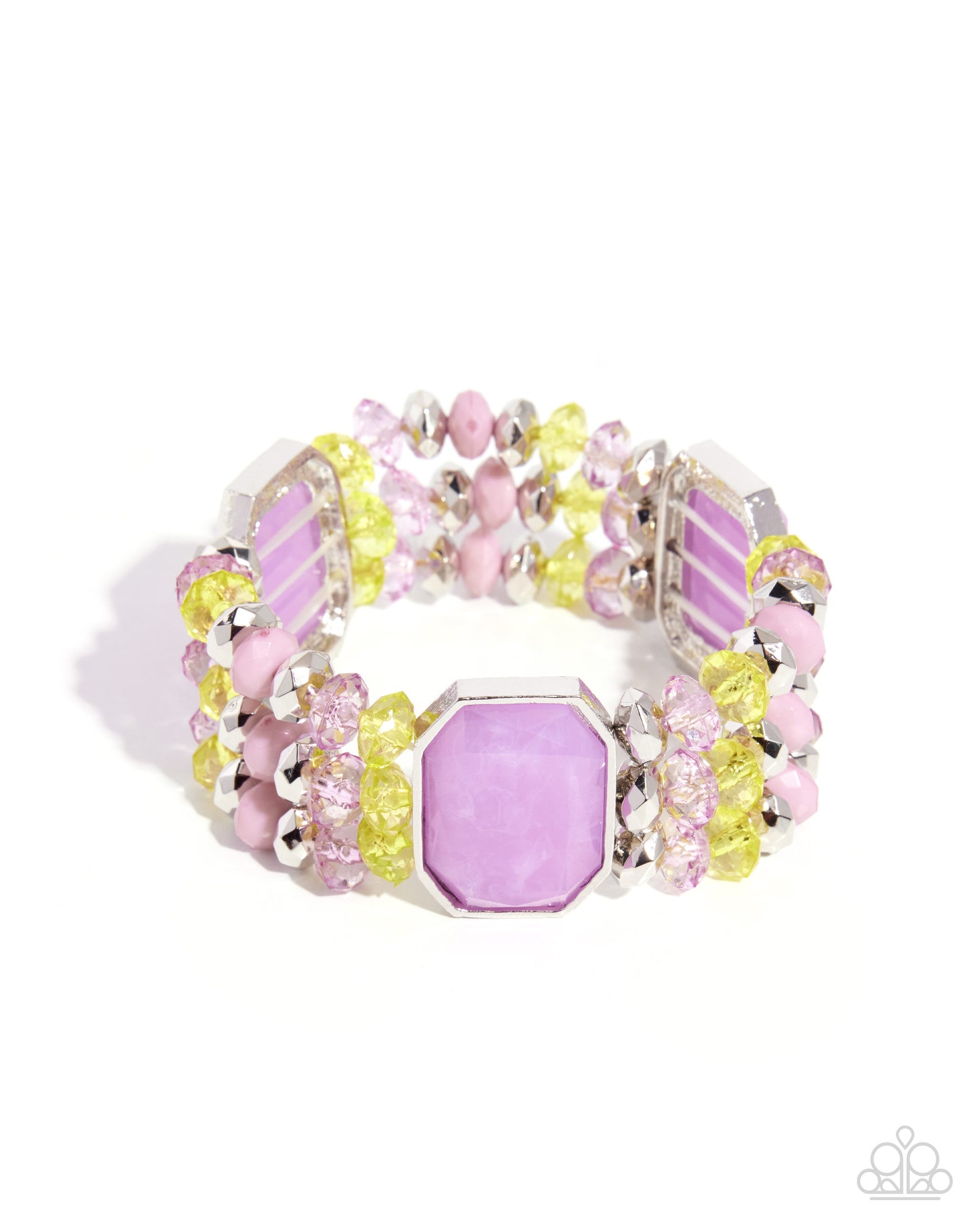 Multicolored beaded bracelet with a prominent pink bead on a white background