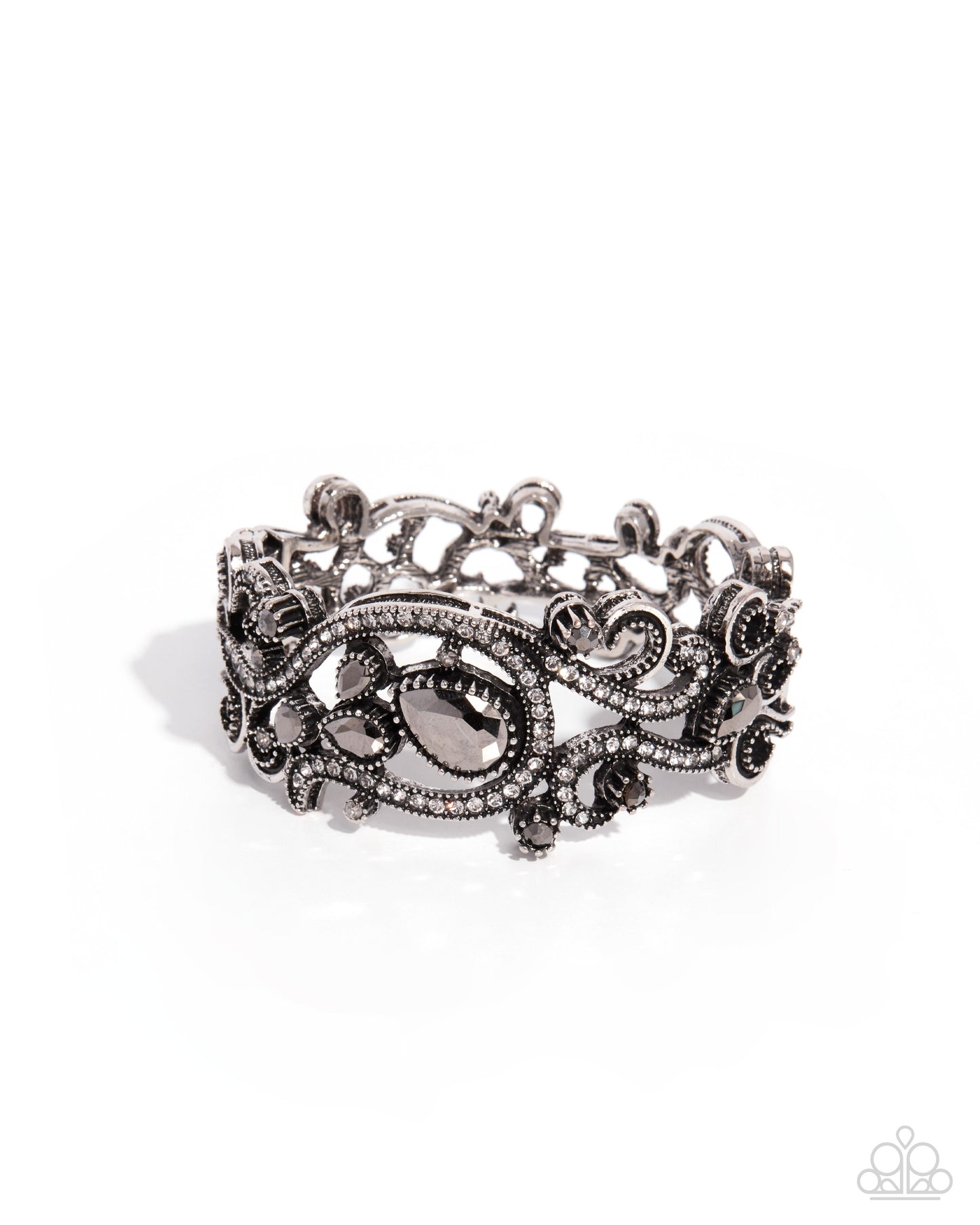 Ornate Option silver hematite and white rhinestone hinged bracelet | Jewelry by Bretta
