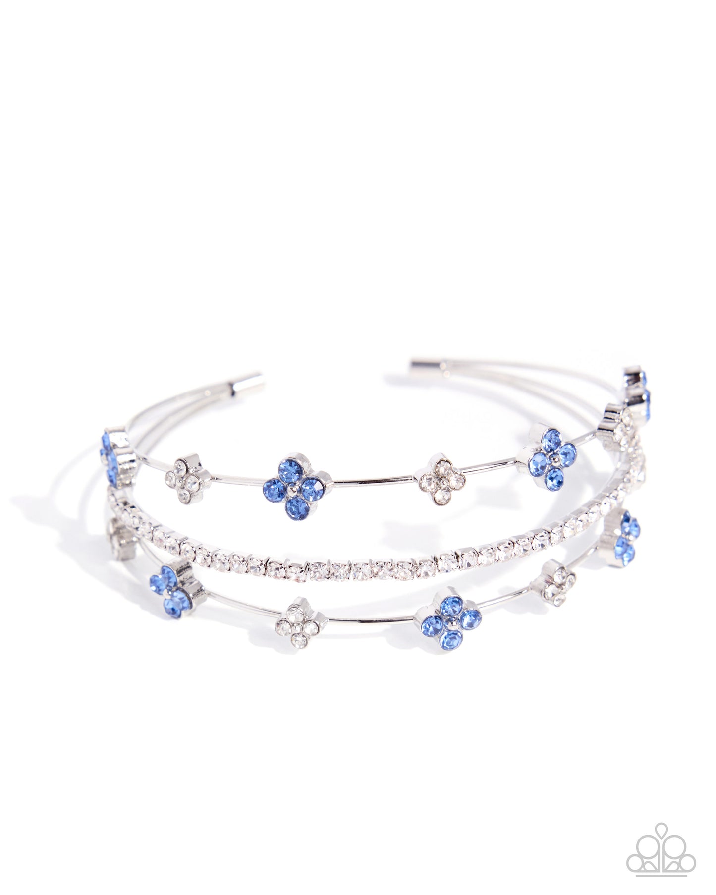 Multi-layered bracelet with blue flower charms on a white background