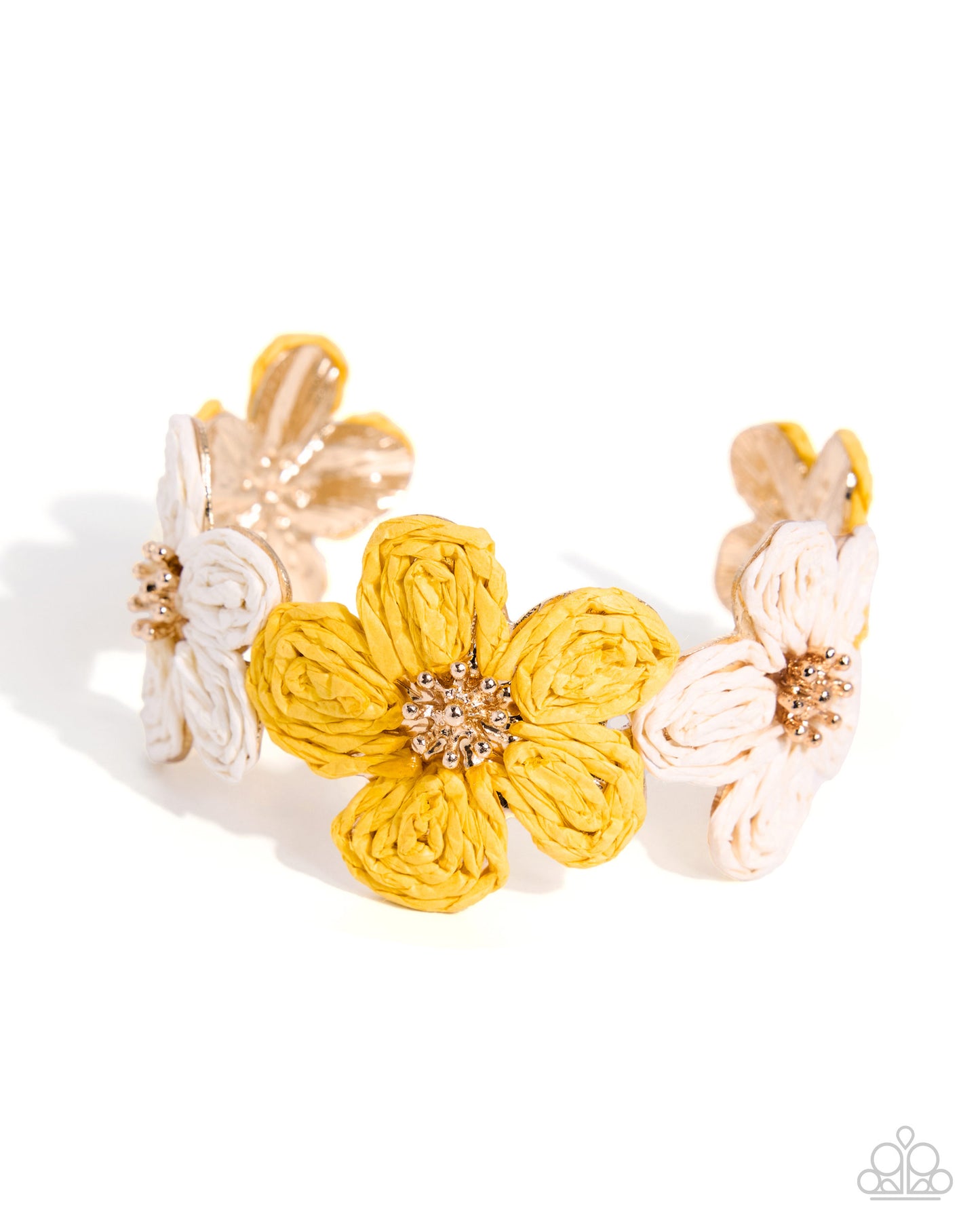 Yellow and beige floral bracelet with gold accents on a white background