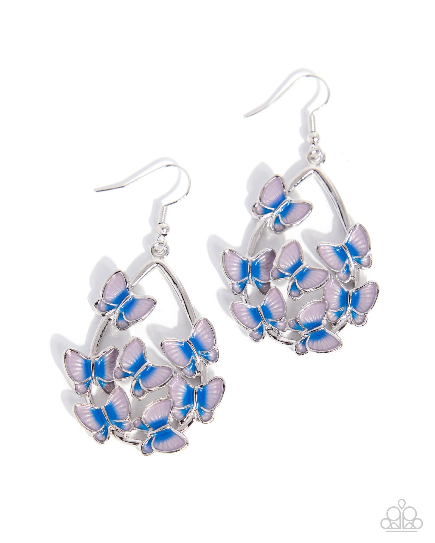 Butterfly earrings with blue and purple accents on a white background