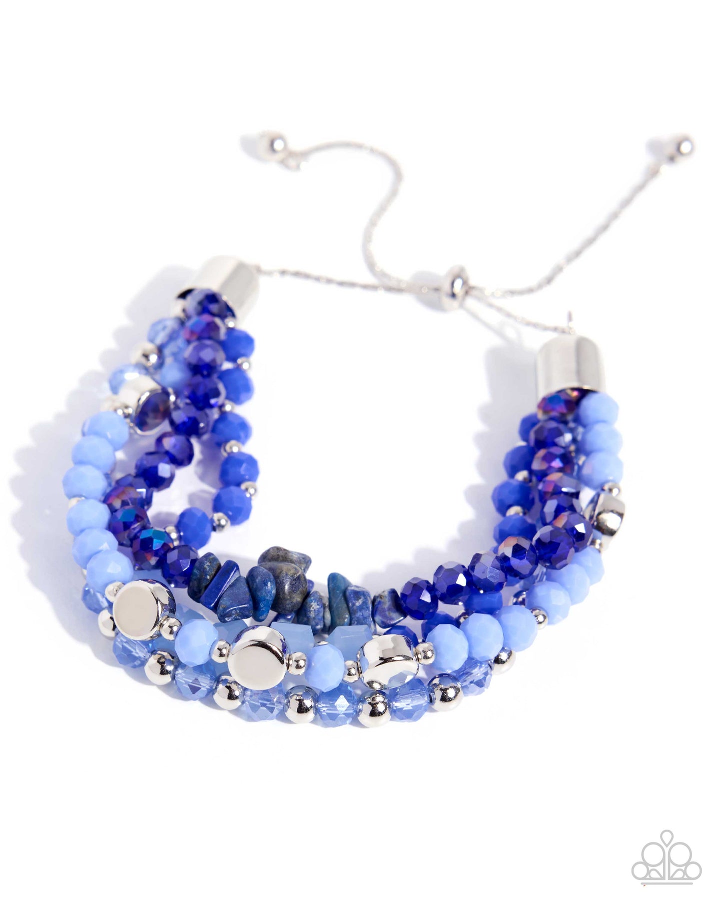 Blue beaded bracelet with silver accents on a white background
