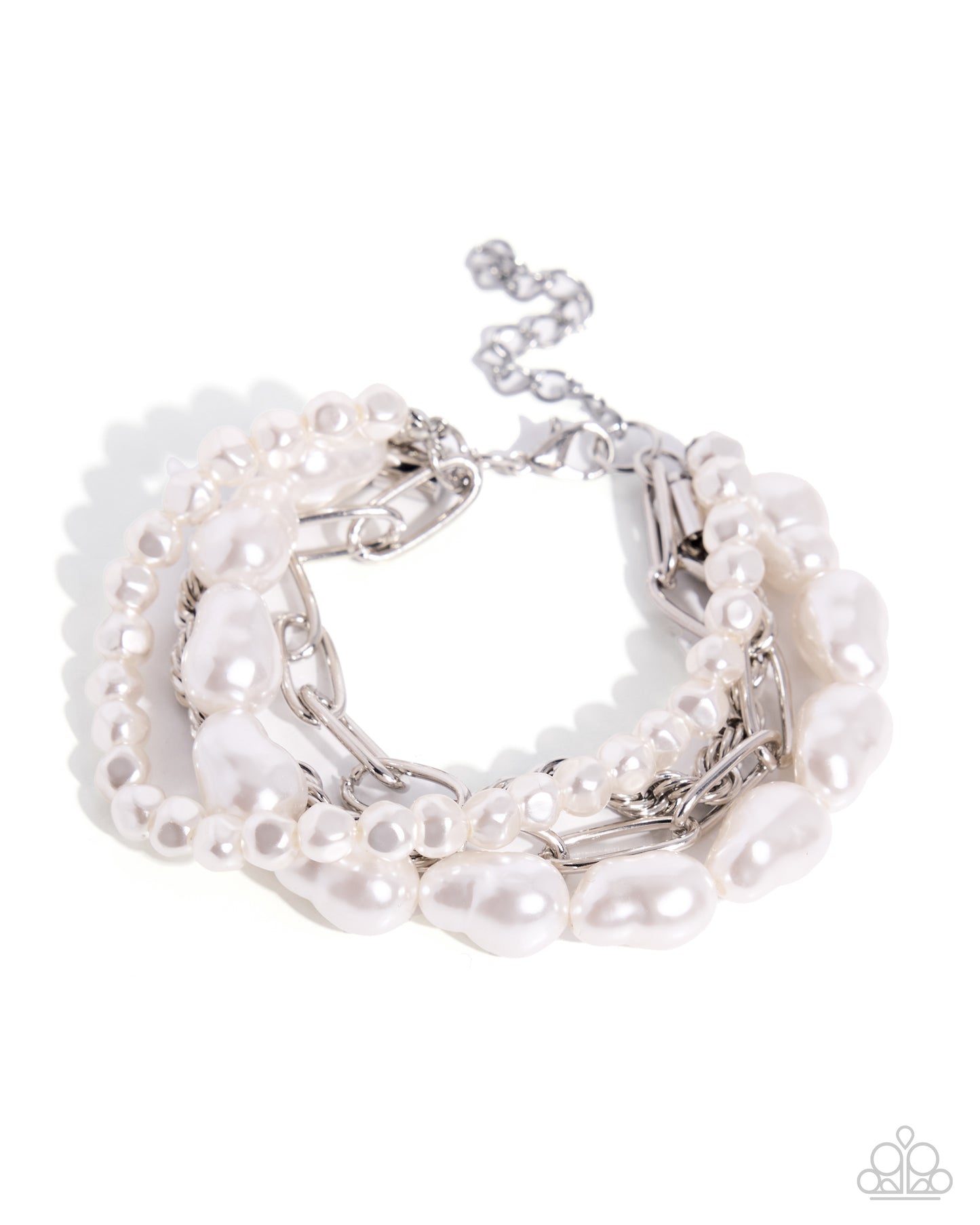 A multi-strand pearl and silver chain bracelet with a lobster clasp, shown on a white background with a Paparazzi logo watermark in the corner.