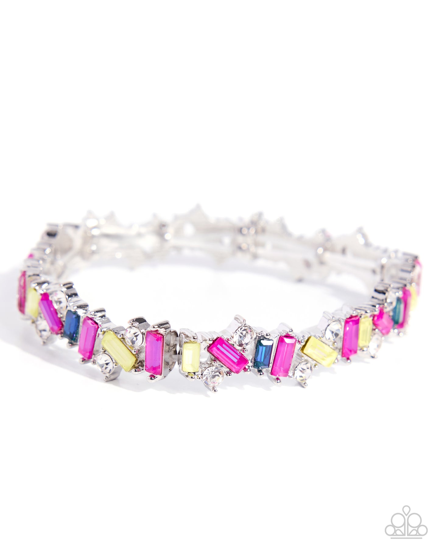 A silver-toned tennis bracelet featuring colorful baguette and round-cut gemstones in pink, yellow, blue, and green, displayed on a clean white background.