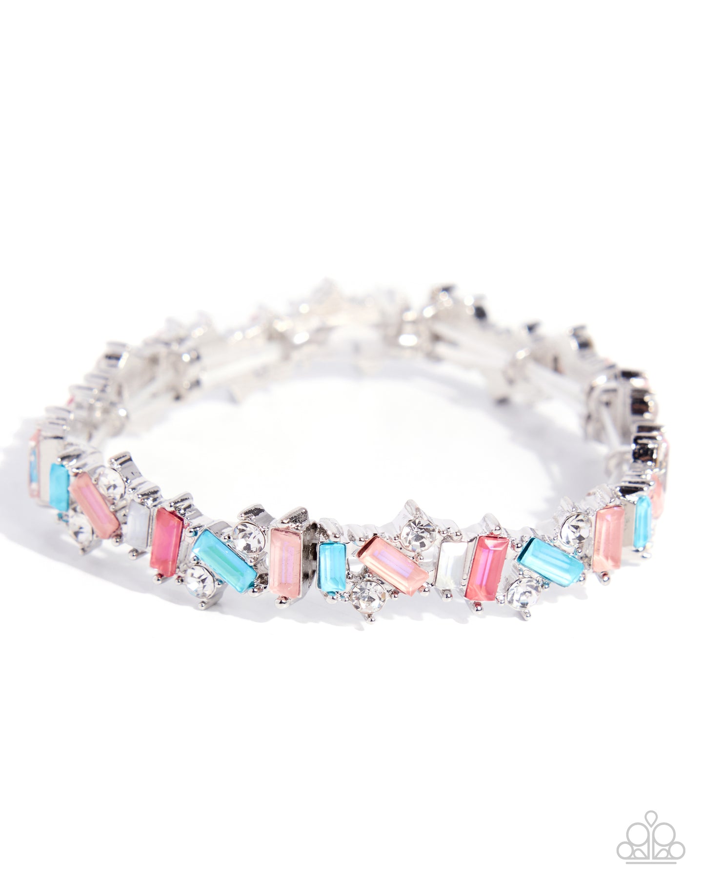 A silver-toned stretch bracelet featuring alternating rectangular pink, light blue, and clear rhinestones, displayed on a clean white background.