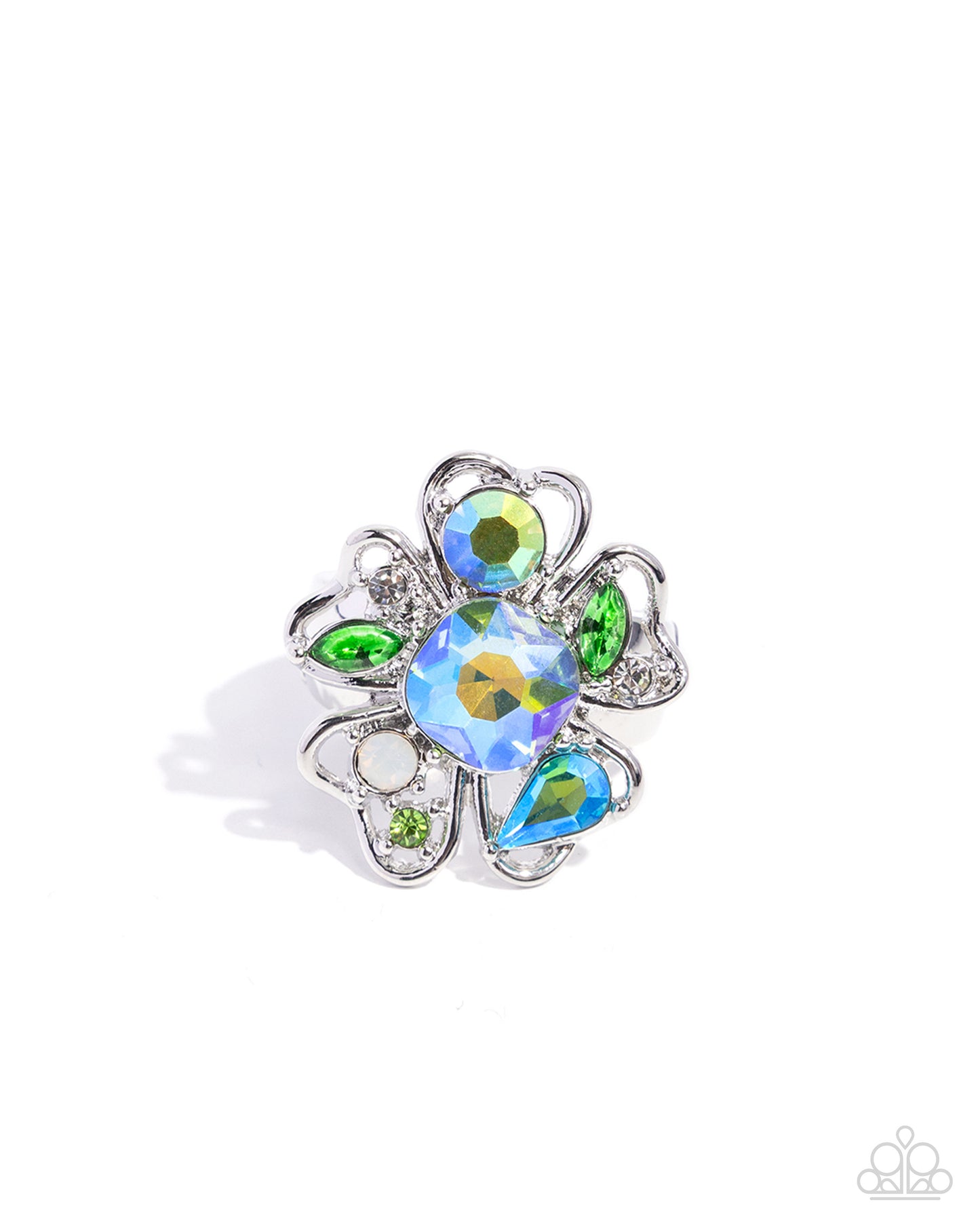 Floral brooch with colorful gemstones on a white background