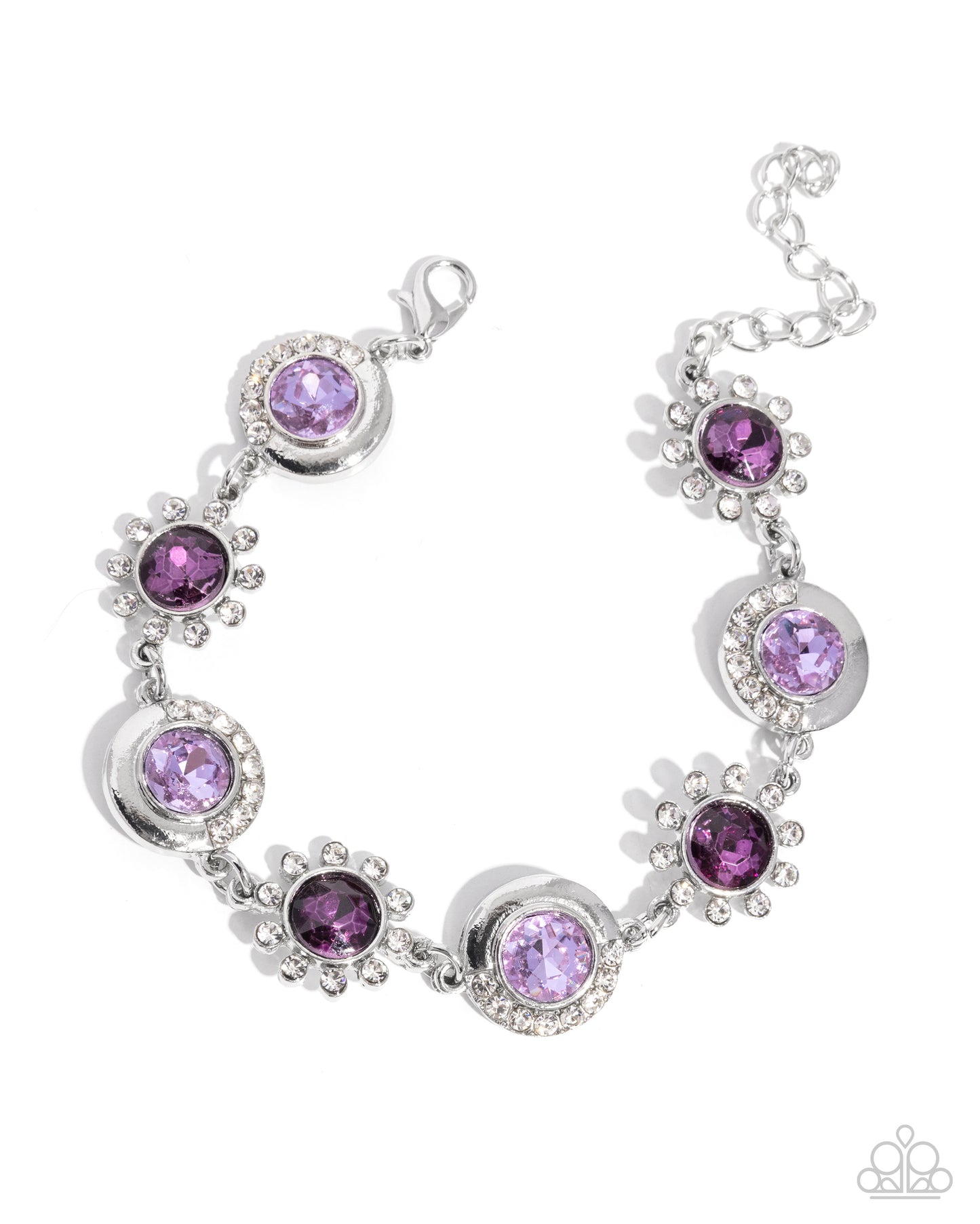 Silver bracelet with purple gemstones on a white background