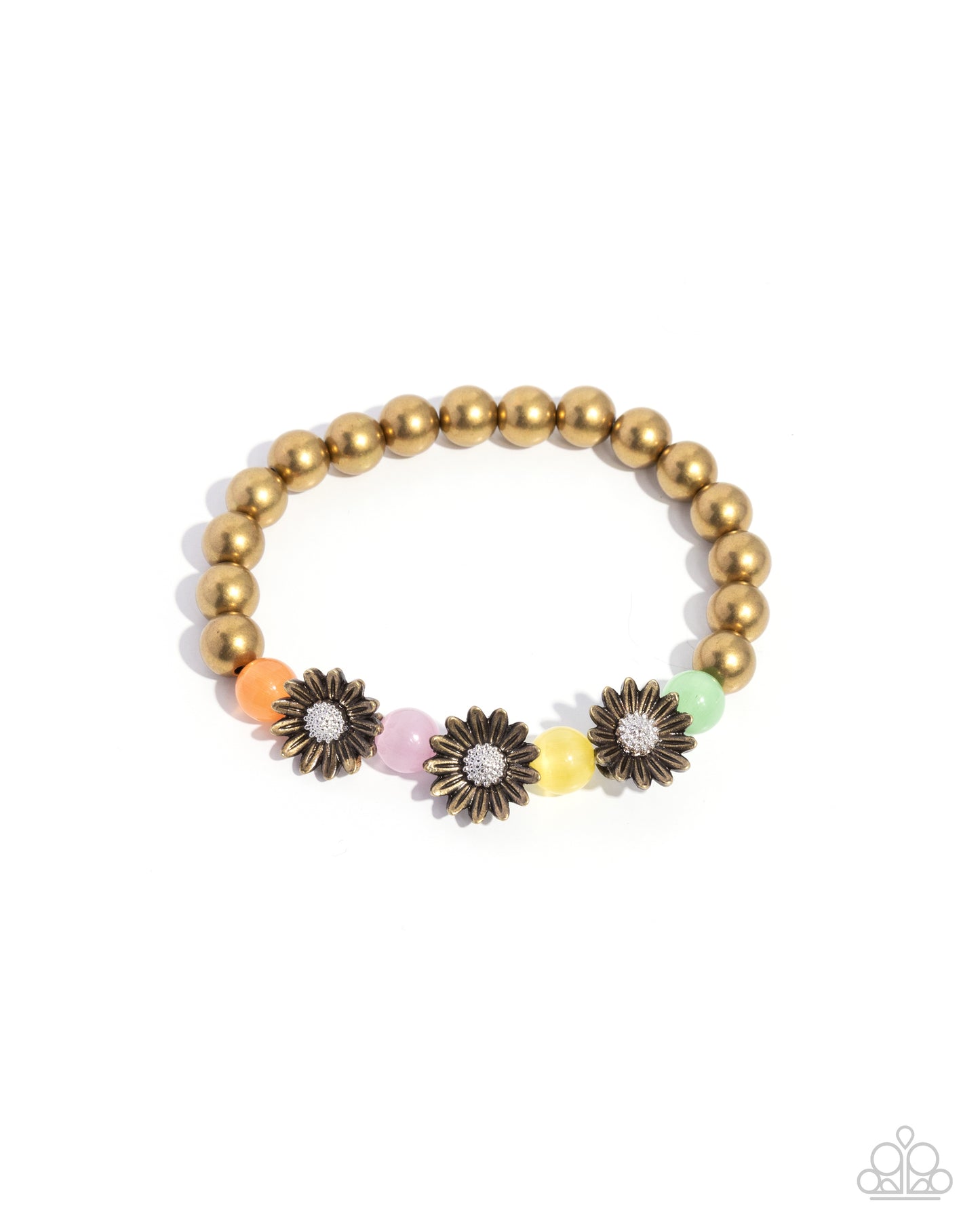 A beaded stretch bracelet featuring a row of metallic gold beads, three antique bronze flower charms with clear rhinestone centers, and small accent beads in orange, pink, yellow, and mint green, displayed on a clean white background.