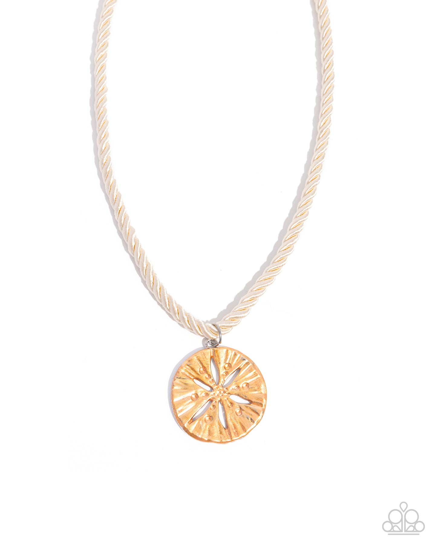 Necklace with a gold circular pendant on a white background