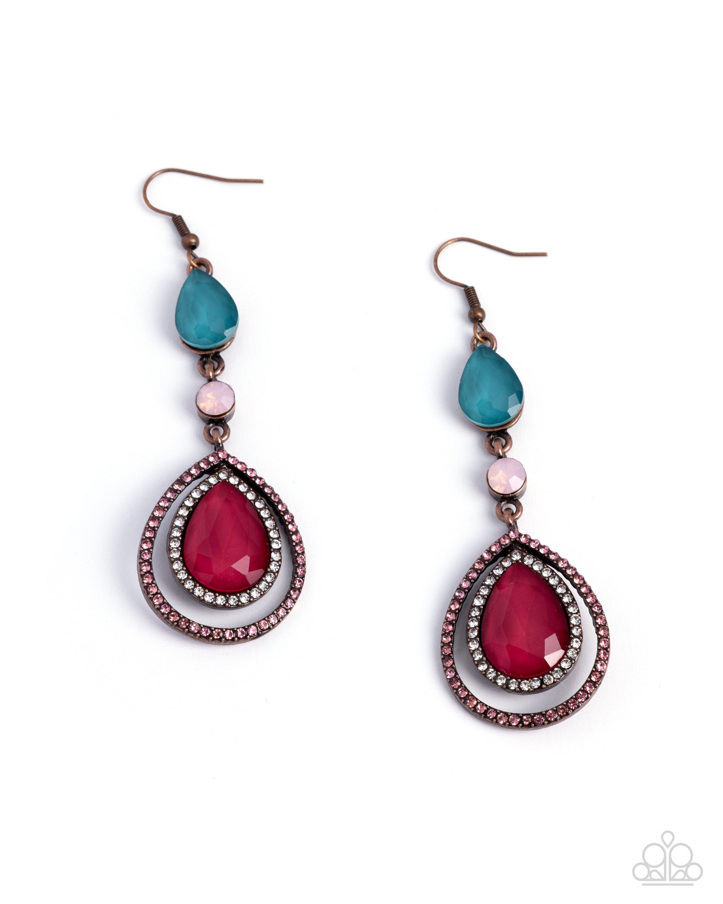 Pair of earrings with red teardrop stones and turquoise accents on a white background