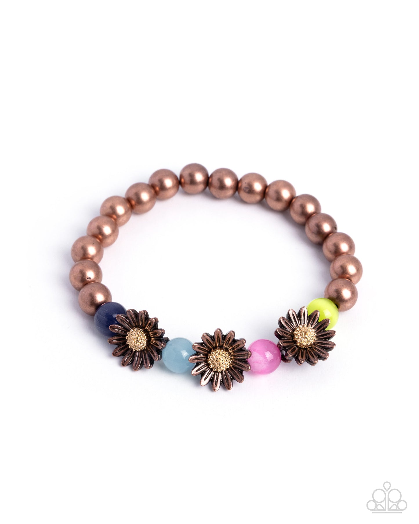 A beaded stretch bracelet featuring metallic bronze pearl-like beads, three bronze flower charms with gold centers, and accent beads in navy blue, light blue, pink, and neon yellow, shown on a white background.